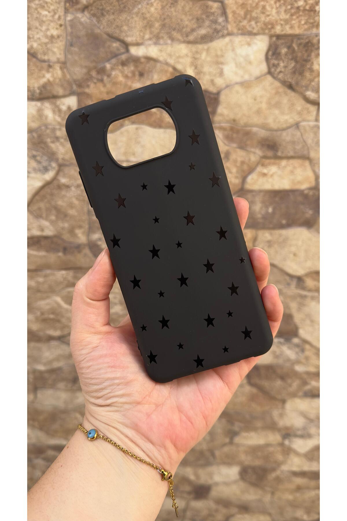 Poco X3 ve X3 Pro Uyumlu Mini Siyah Yıldız Desenli Silikon Darbe Emici Klasik Korumalı Rubber Kılıf