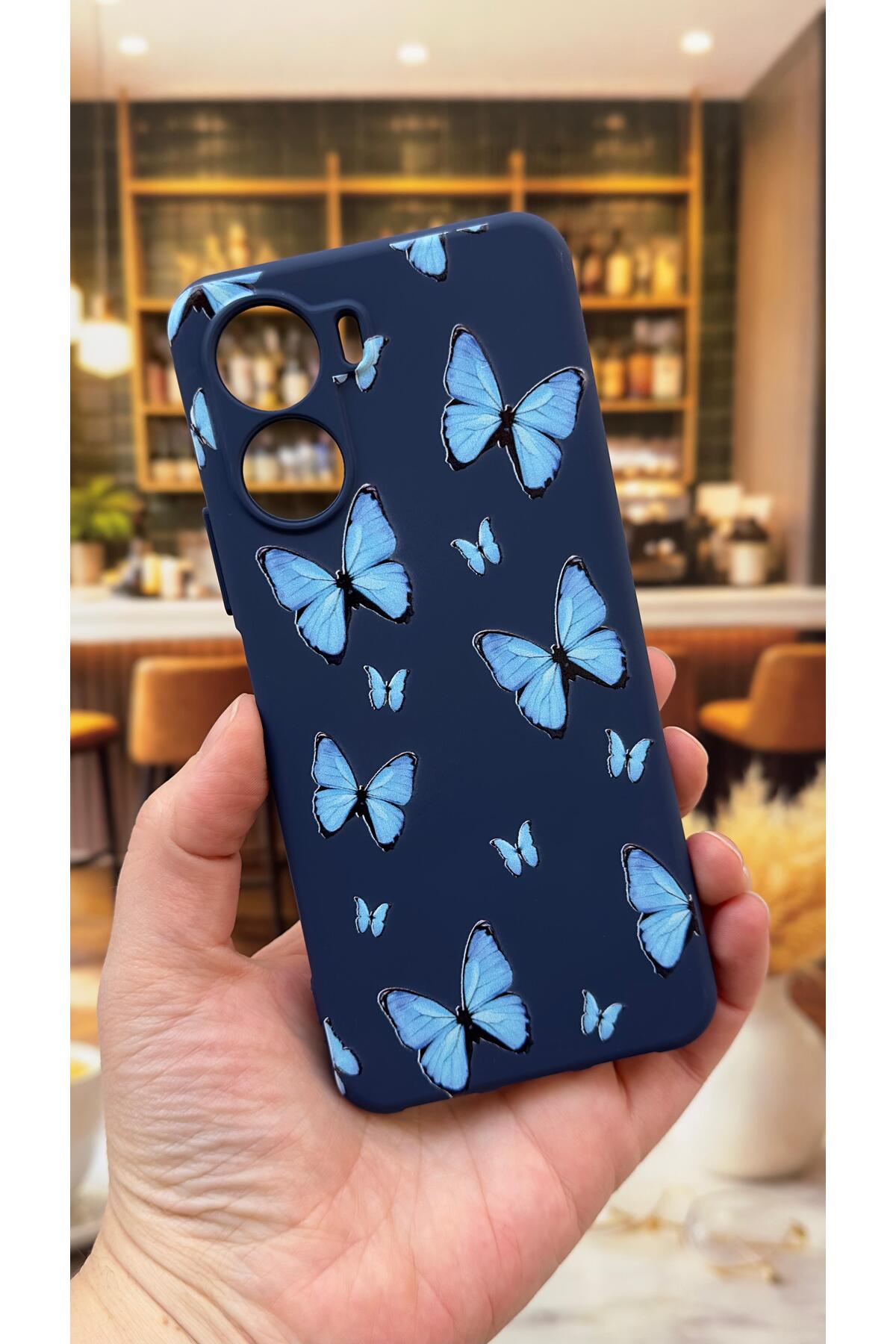 Vivo Y16 Uyumlu Mavi Kelebek Desenli Silikon Darbe Emici Klasik Korumalı Rubber Kılıf