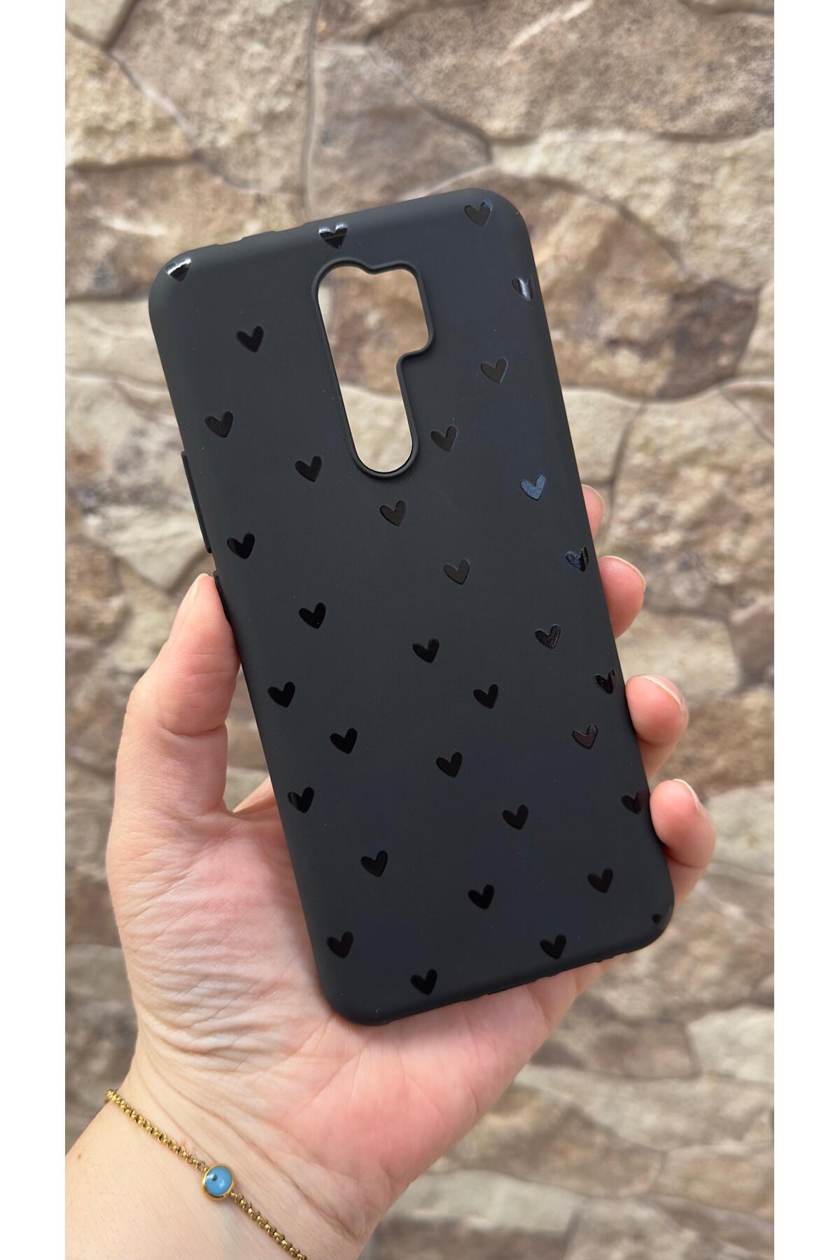 Redmi Note 8 Pro Uyumlu Mini Siyah Kalp Desenli Silikon Darbe Emici Klasik Korumalı Rubber Kılıf