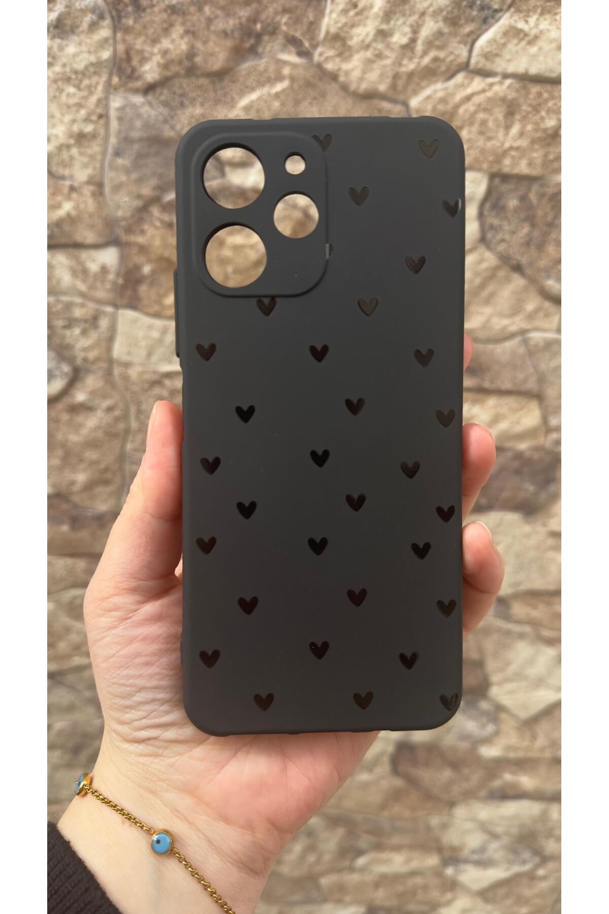 Redmi 12 Uyumlu Mini Siyah Kalp Desenli Silikon Darbe Emici Klasik Korumalı Rubber Kılıf