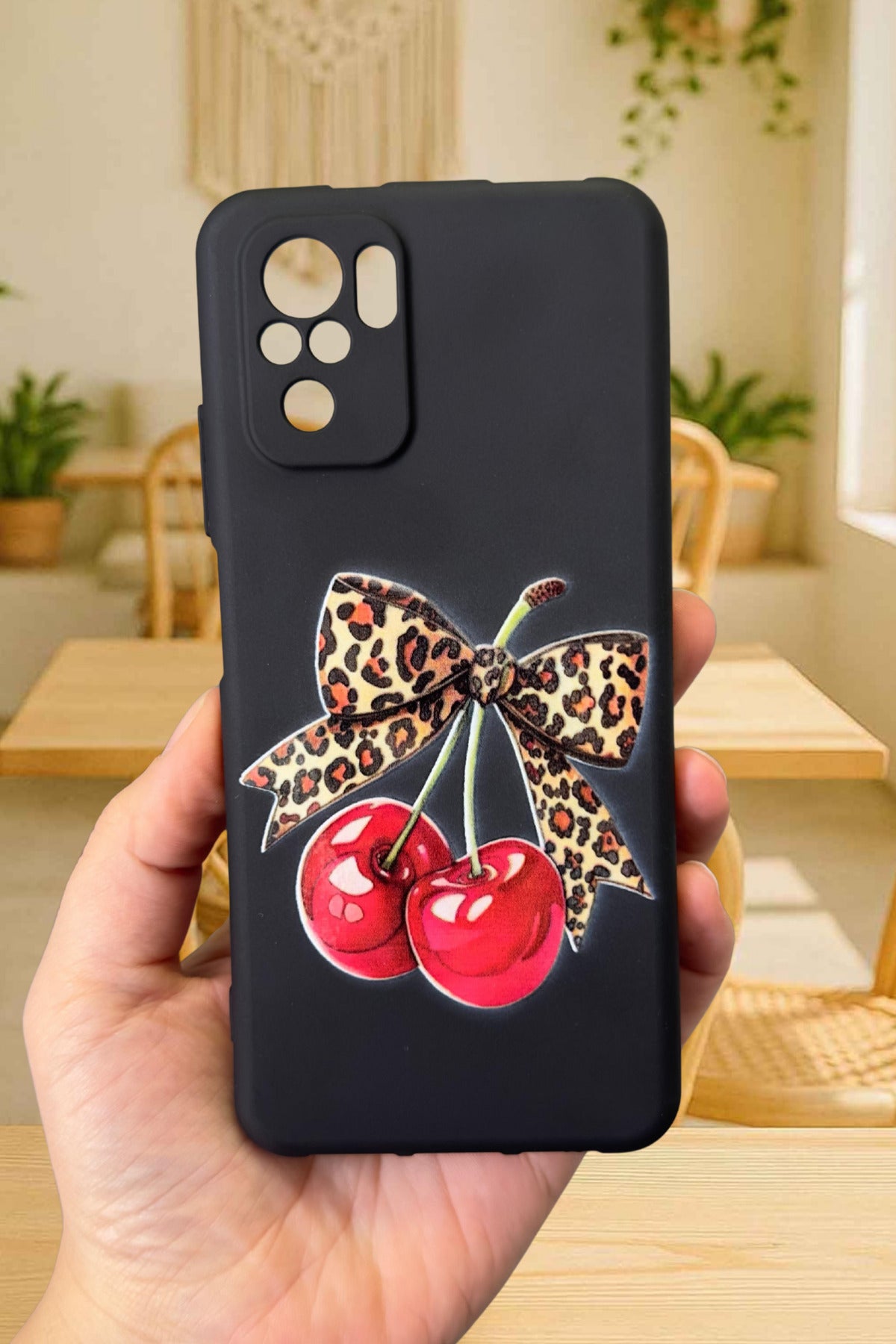 Redmi Note 10/10S Uyumlu Kiraz Leopar Fiyonk Desenli Silikon Darbe Emici Rubber Kılıf
