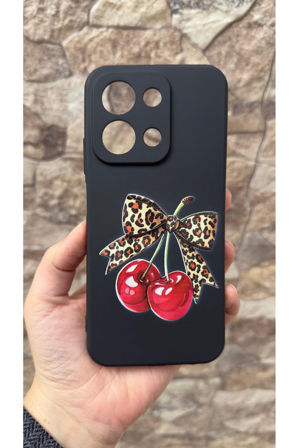 Redmi 15C Uyumlu Kiraz Leopar Fiyonk Desenli Silikon Darbe Emici Klasik Korumalı Rubber Kılıf