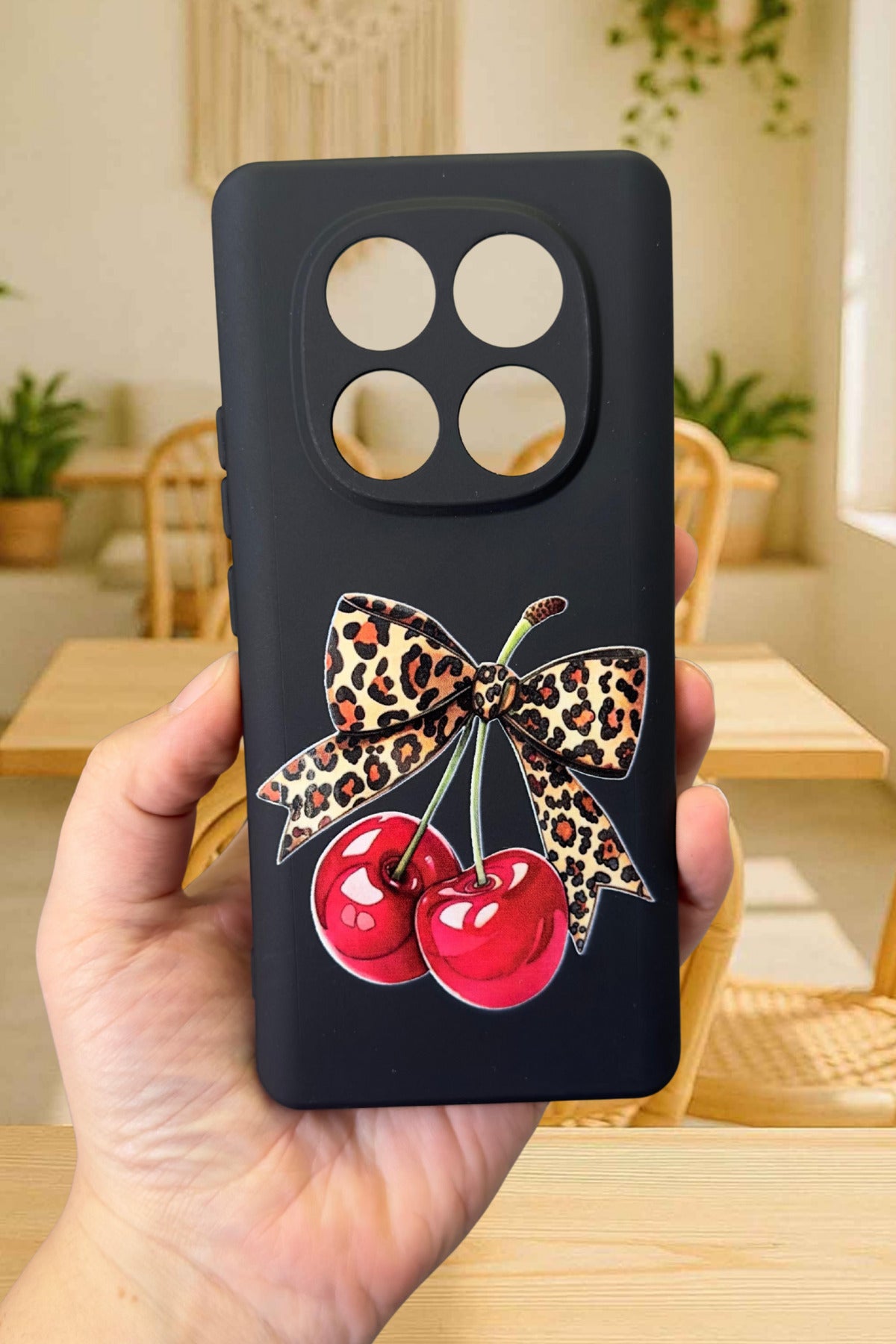 Xiaomi Redmi Note 14 Pro 4G Uyumlu Kiraz Leopar Fiyonk Desenli Silikon Darbe Emici Rubber Kılıf