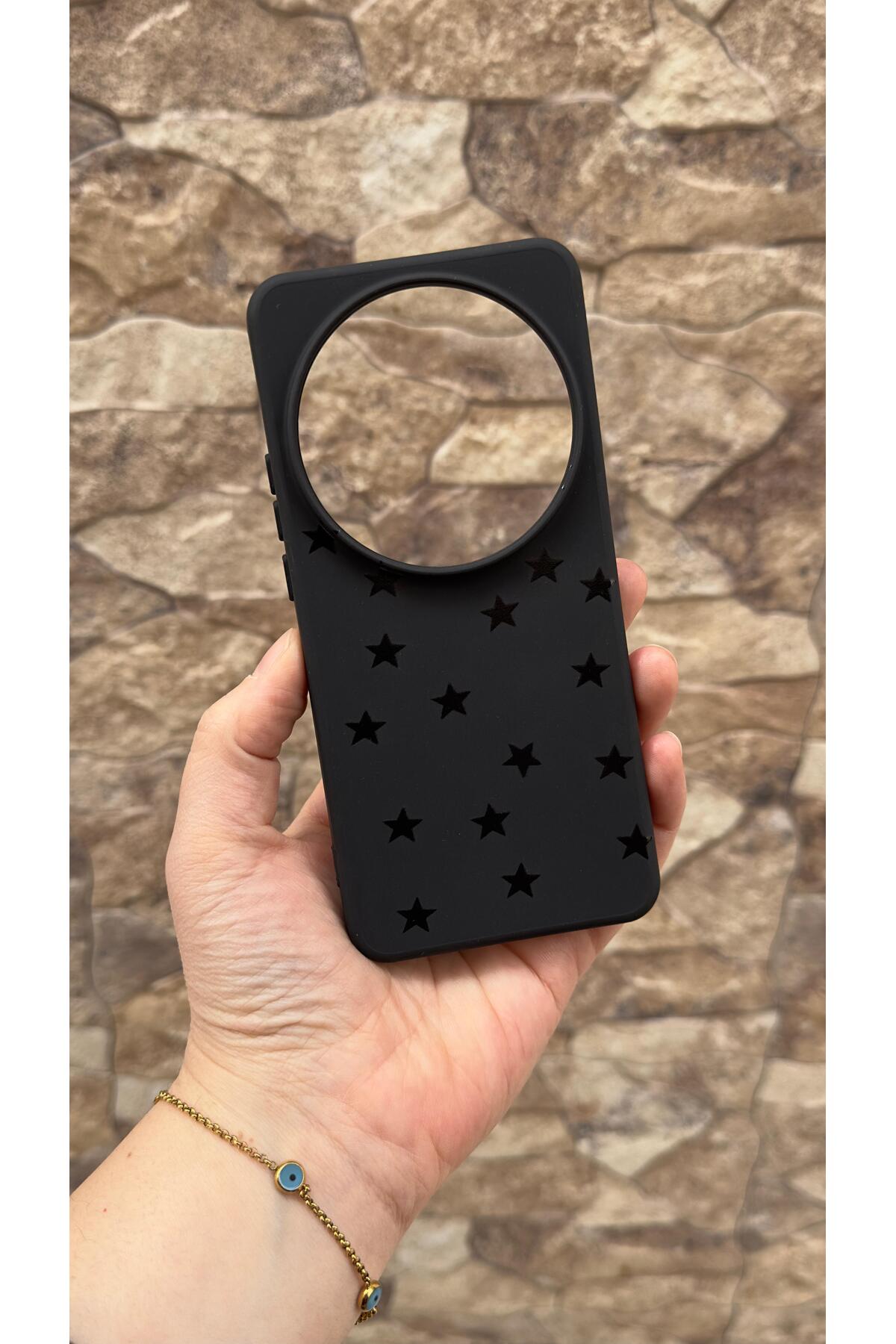 Mİ 15 Ultra Uyumlu Mini Siyah Yıldız Desenli Silikon Darbe Emici Klasik Korumalı Rubber Kılıf