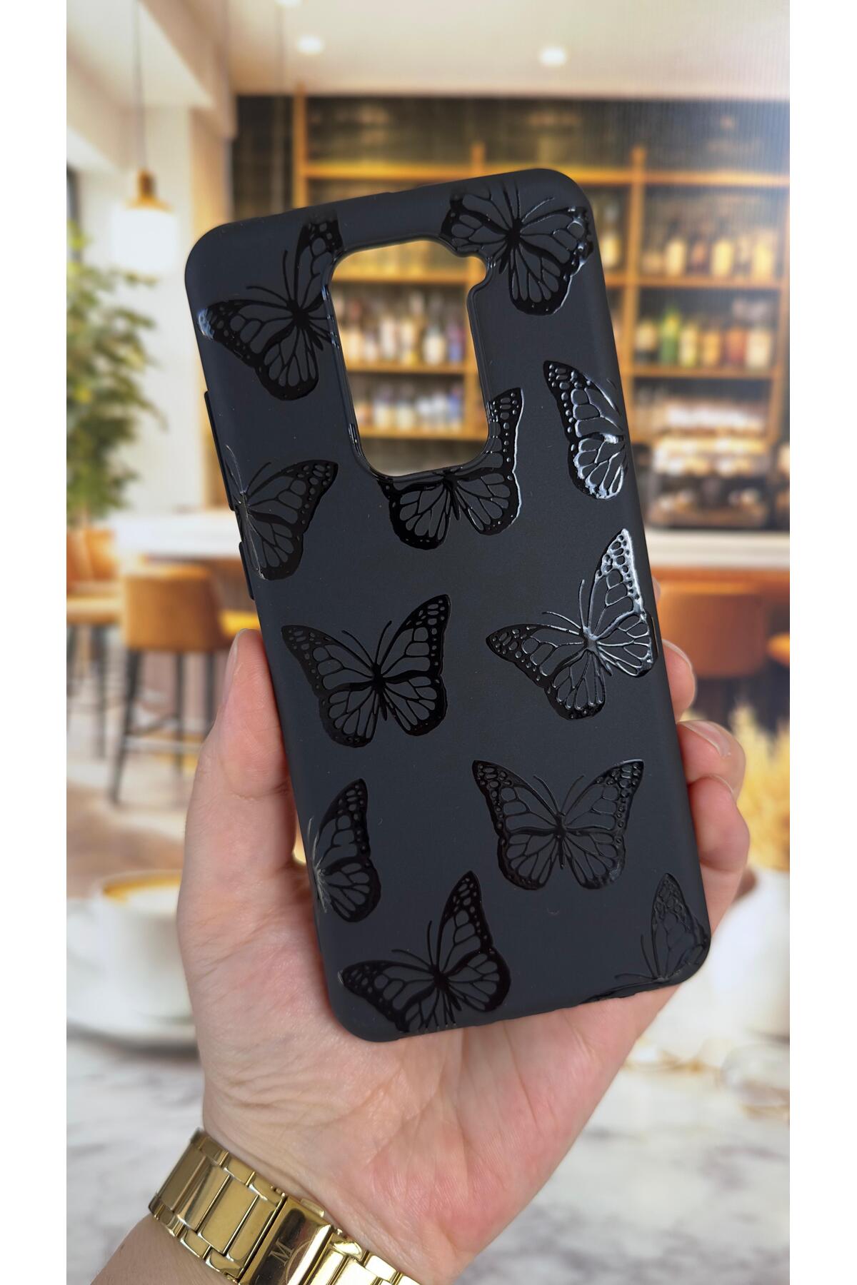 Redmi Note 9 Uyumlu Siyah Kelebek Desenli Silikon Darbe Emici Klasik Korumalı Rubber Kılıf
