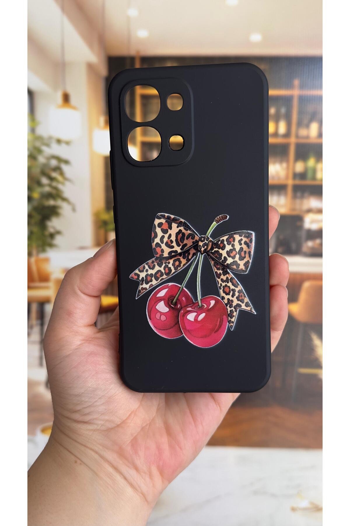 Oppo A6 Pro Uyumlu Kiraz Fiyonk Leopar Desenli Silikon Darbe Emici Klasik Korumalı Rubber Kılıf
