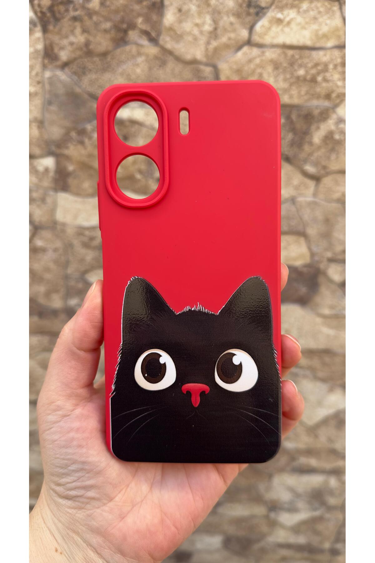 REDMİ 13C Uyumlu Sevimli Siyah Kedi Desenli Silikon Darbe Emici Kamera Korumalı RUBBER Kılıf