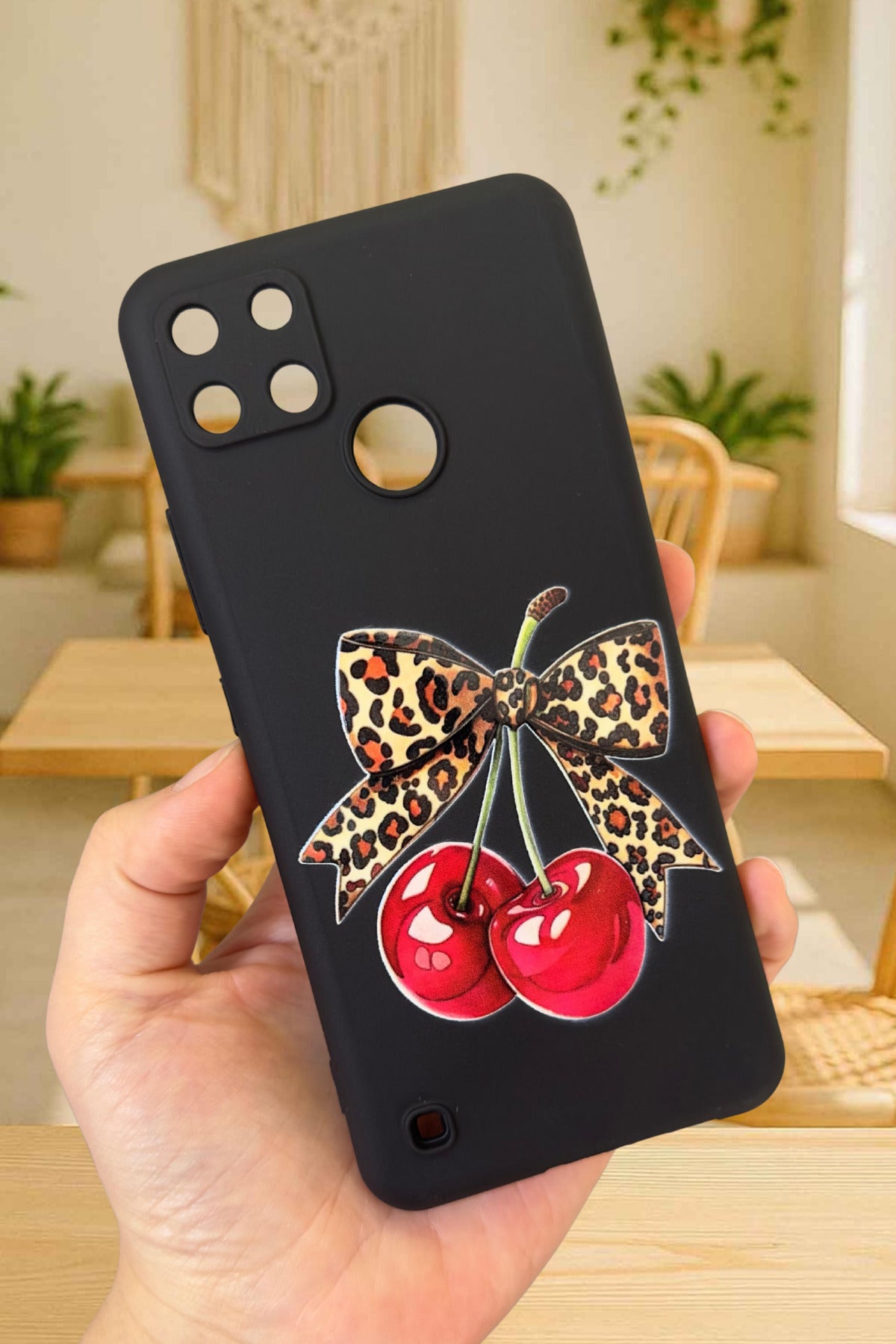 Realme C21Y Ve C25Y Uyumlu Kiraz Leopar Fiyonk Desenli Silikon Darbe Emici Rubber Kılıf