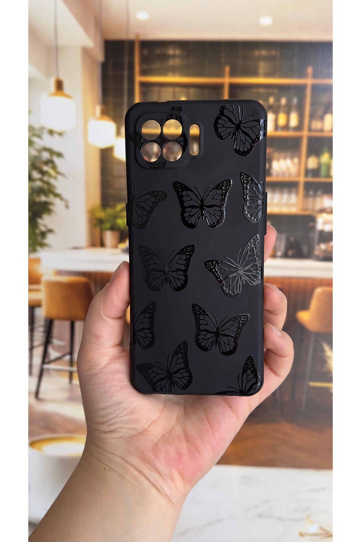 OPPO Reno 4 Lite Uyumlu Siyah Kelebek Desenli Silikon Darbe Emici Klasik Korumalı Rubber Kılıf