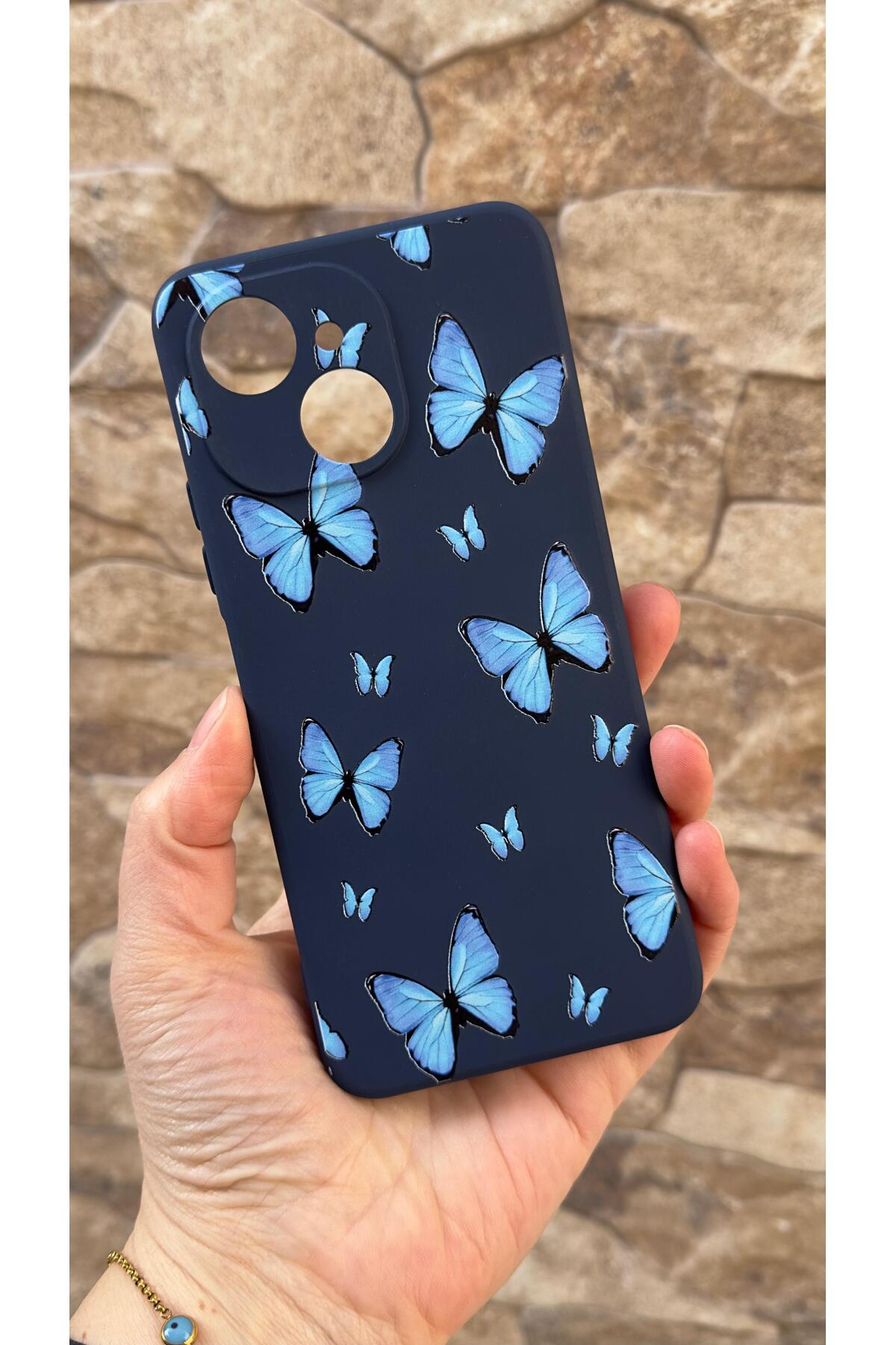 Tecno Spark 40C Uyumlu Mavi Kelebek Desenli Silikon Darbe Emici Klasik Korumalı Rubber Kılıf