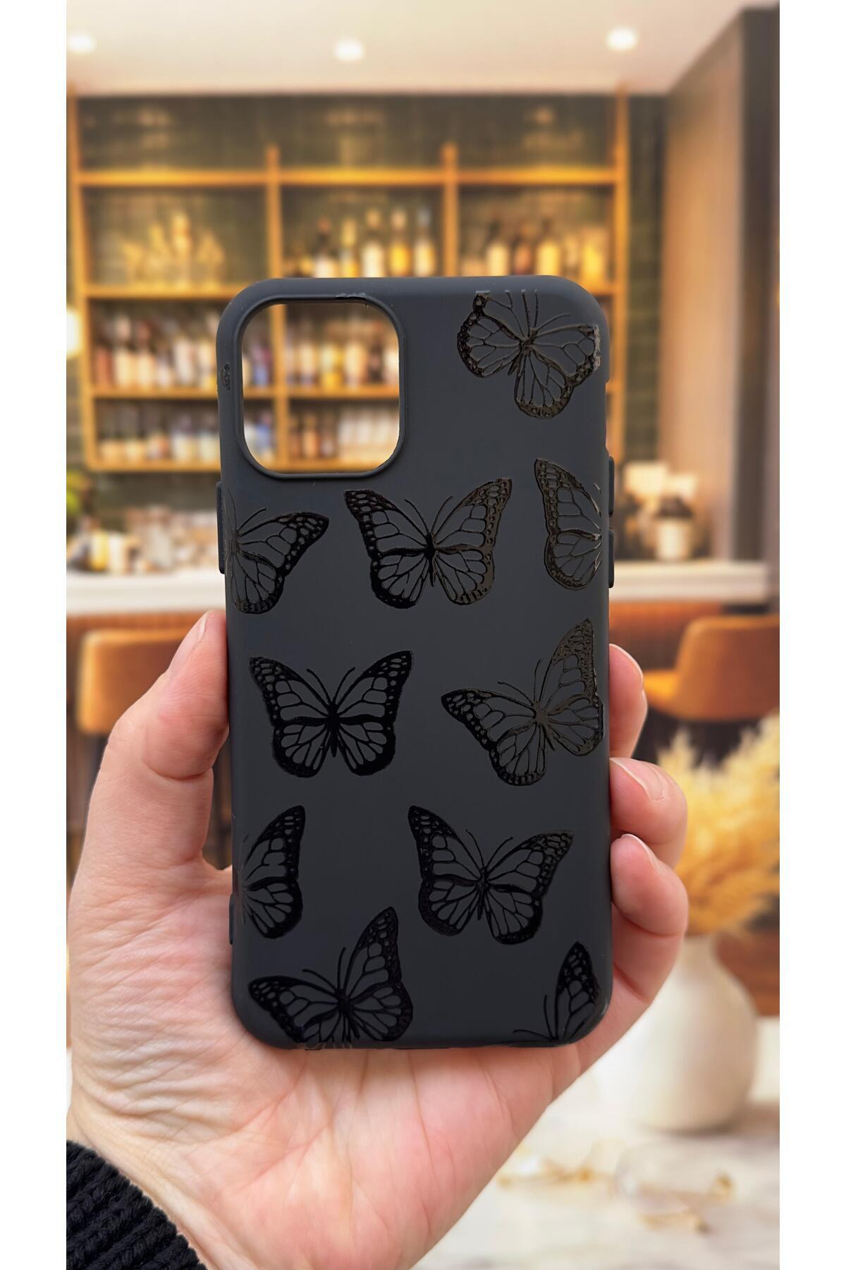 Iphone 11 Pro Uyumlu Siyah Kelebek Desenli Silikon Darbe Emici Klasik Korumalı Rubber Kılıf