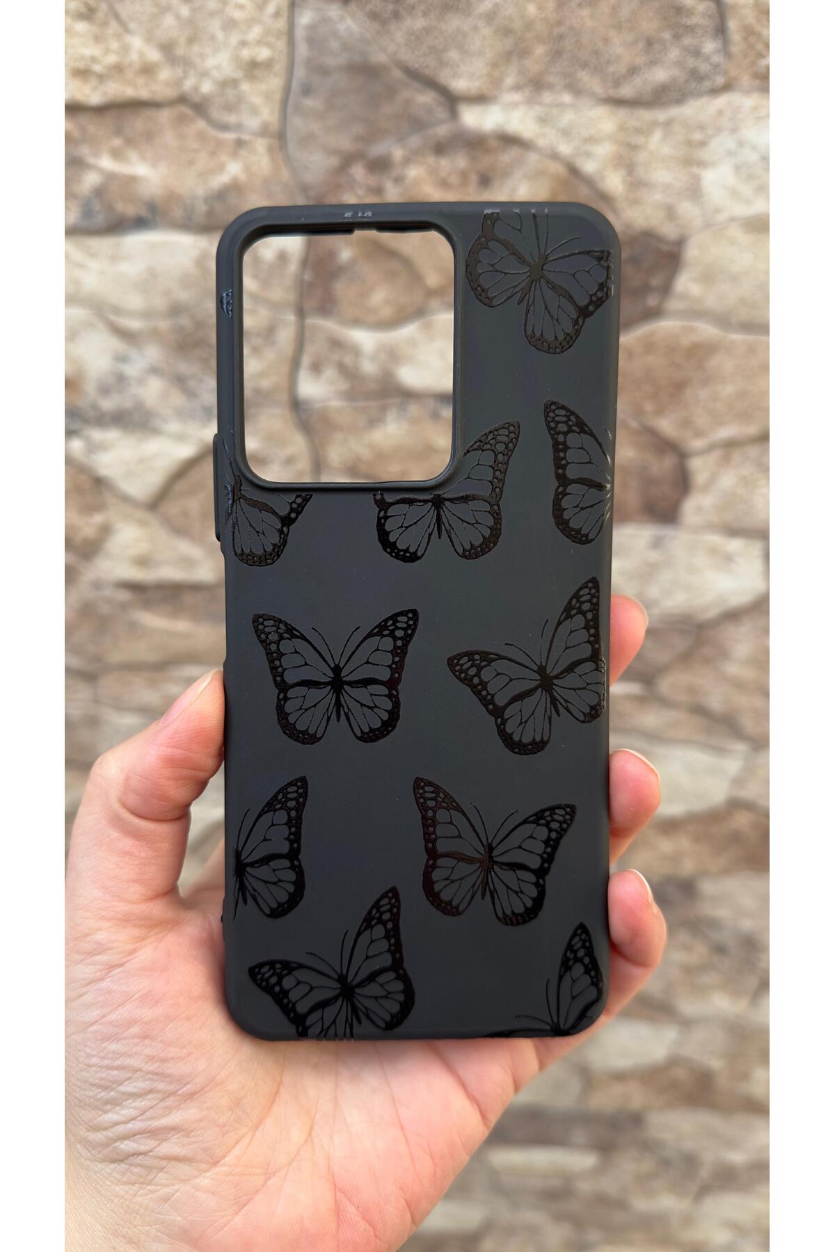 VİVO Y35 Uyumlu Siyah Kelebek Desenli Silikon Darbe Emici Klasik Korumalı Rubber Kılıf