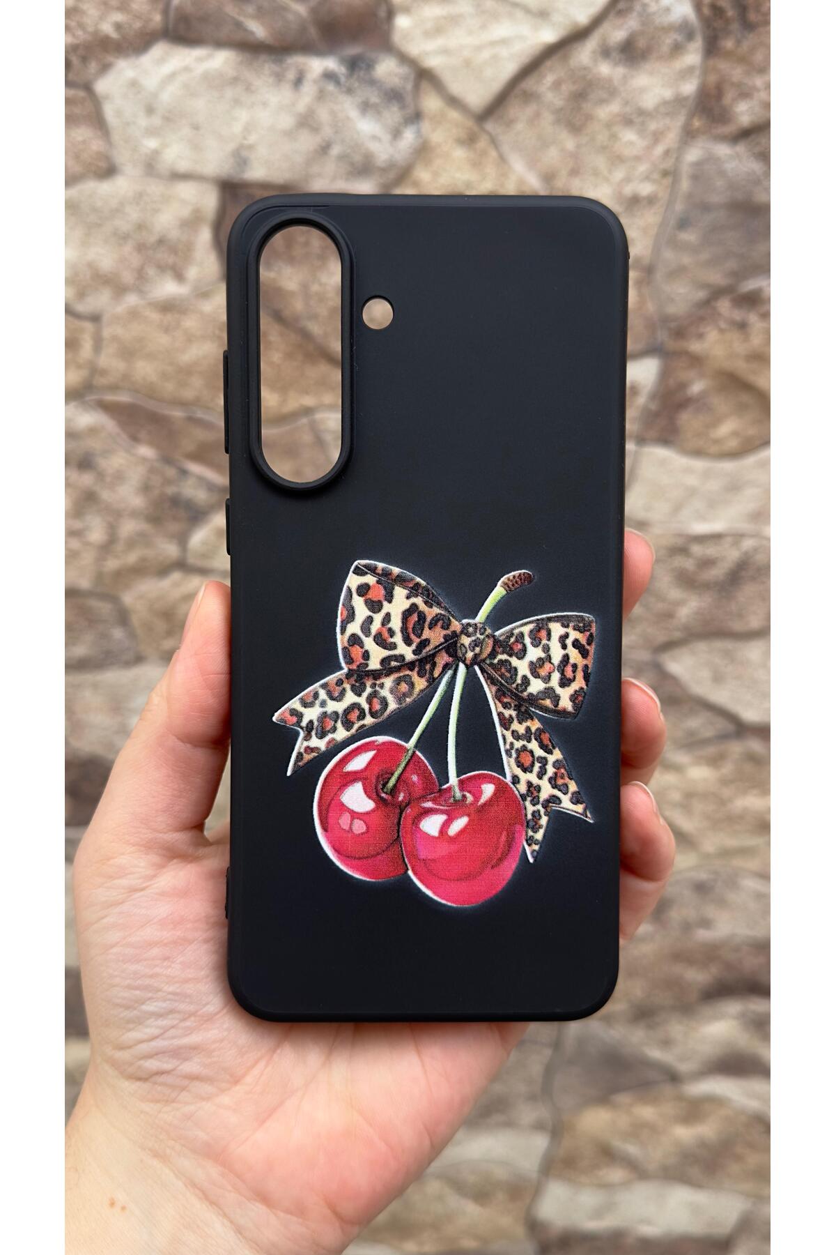Samsung Galaxy S25 FE Uyumlu Kiraz Fiyonk Leopar Desenli Silikon Darbe Emici Rubber Kılıf277