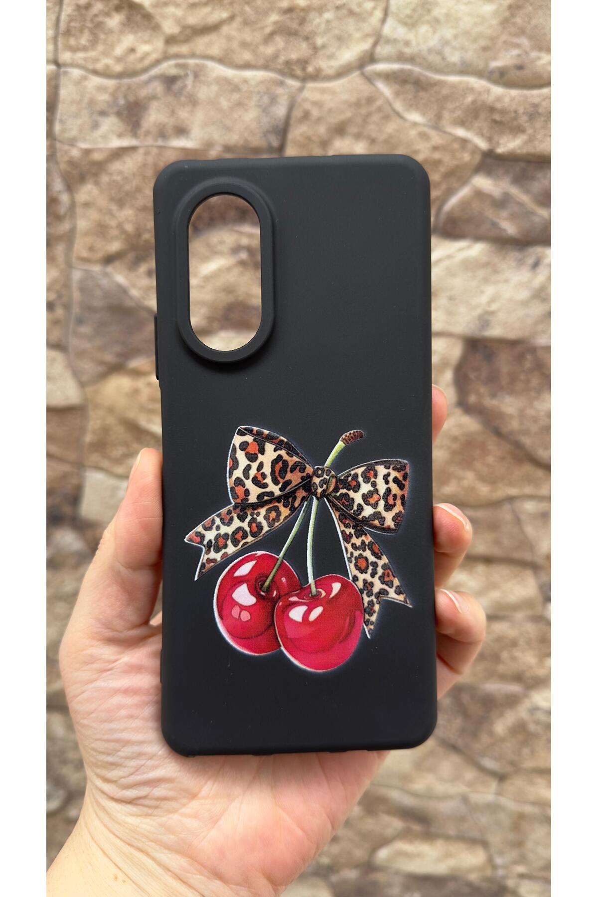 Huawei Nova 9 Se Uyumlu Kiraz Leopar Fiyonk Desenli Silikon Darbe Emici Klasik Korumalı Klasik Kılıf