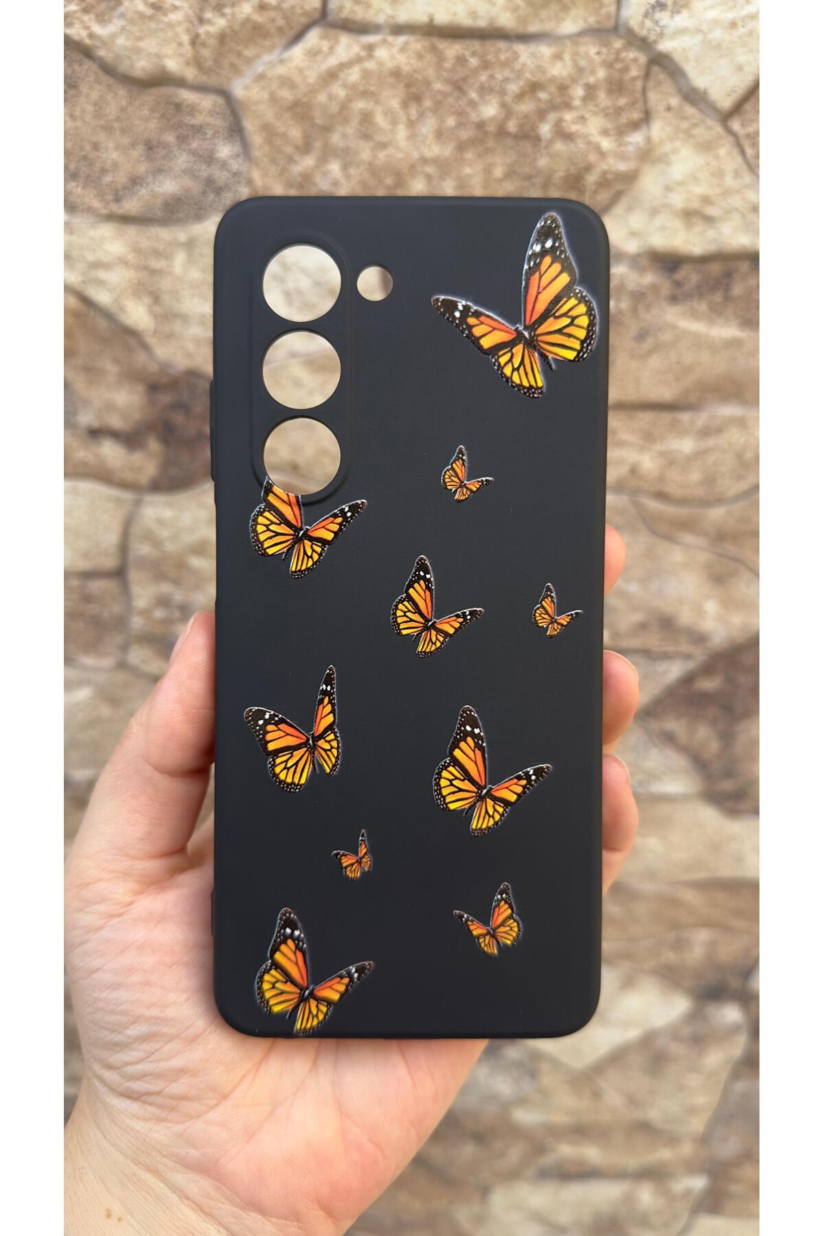 Samsung Galaxy A17 Uyumlu Turuncu Kelebek Desenli Silikon Darbe Emici Klasik Rubber Kılıf