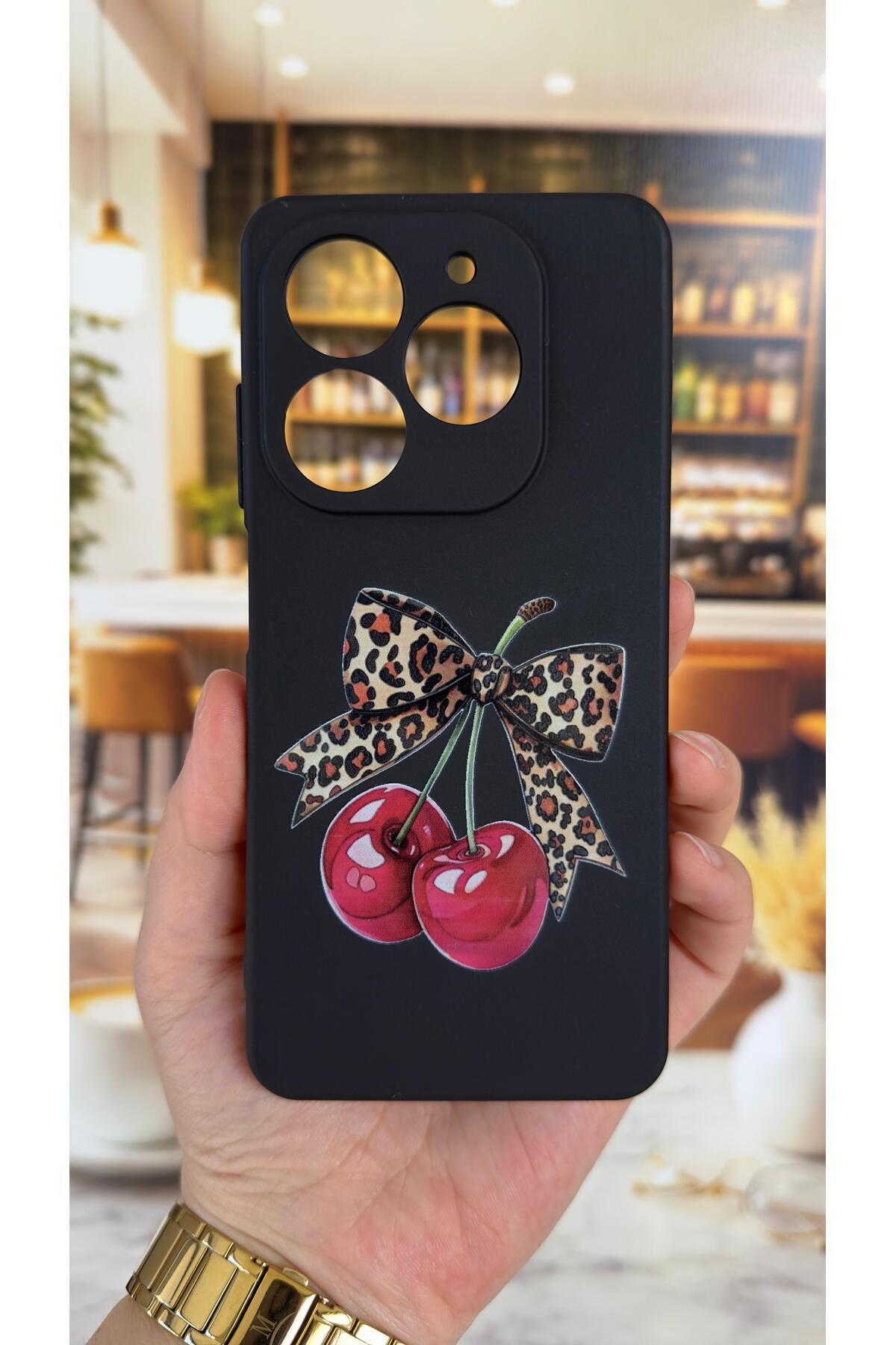 Tecno Spark 20/20C Uyumlu Kiraz Fiyonk Leopar Desenli Silikon Darbe Emici Klasik Rubber Kılıf