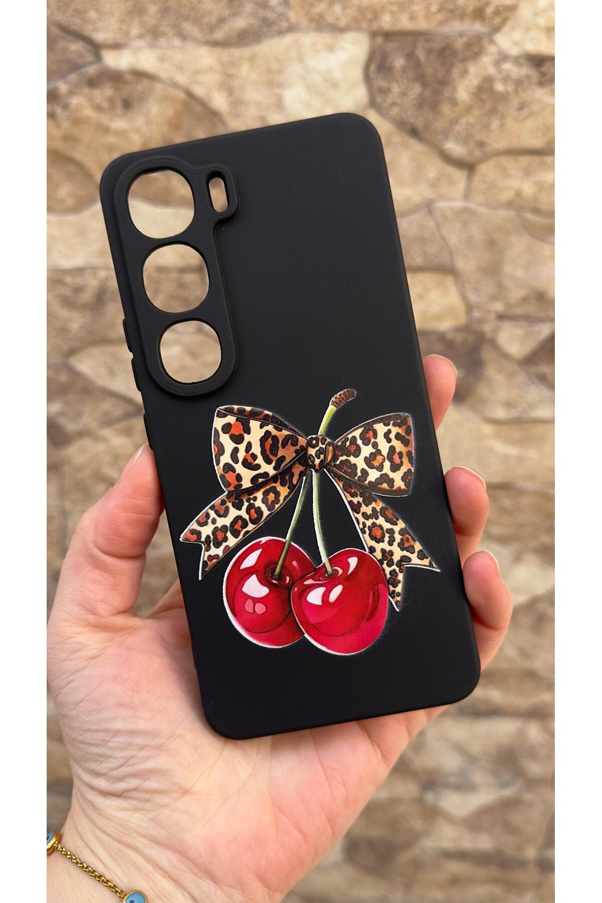 Vivo V40 Lite 5G Uyumlu Kiraz Fiyonk Leopar Desenli Silikon Darbe Emici Klasik Korumalı Rubber Kılıf