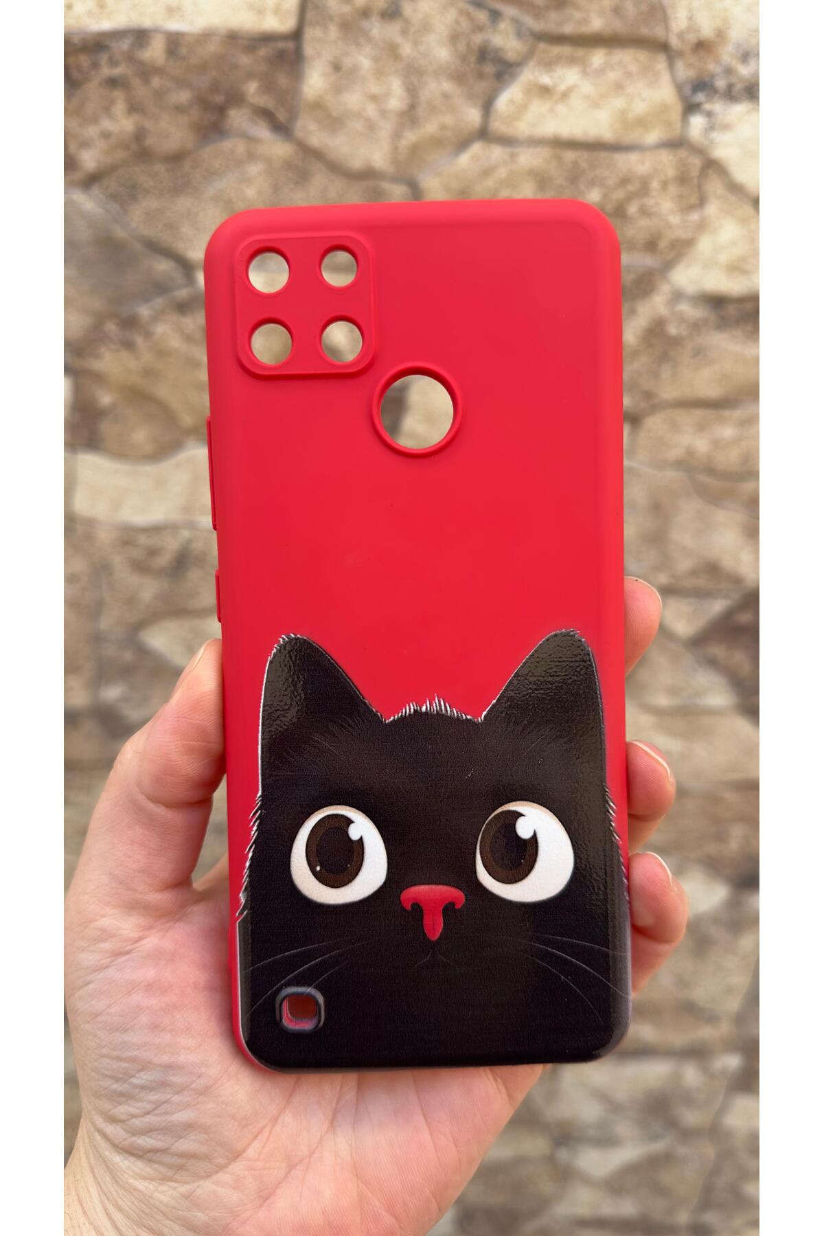 Realme C21Y Ve C25Y Uyumlu Sevimli Siyah Kedi Desenli Silikon Darbe Emici Klasik Korumalı Kılıf
