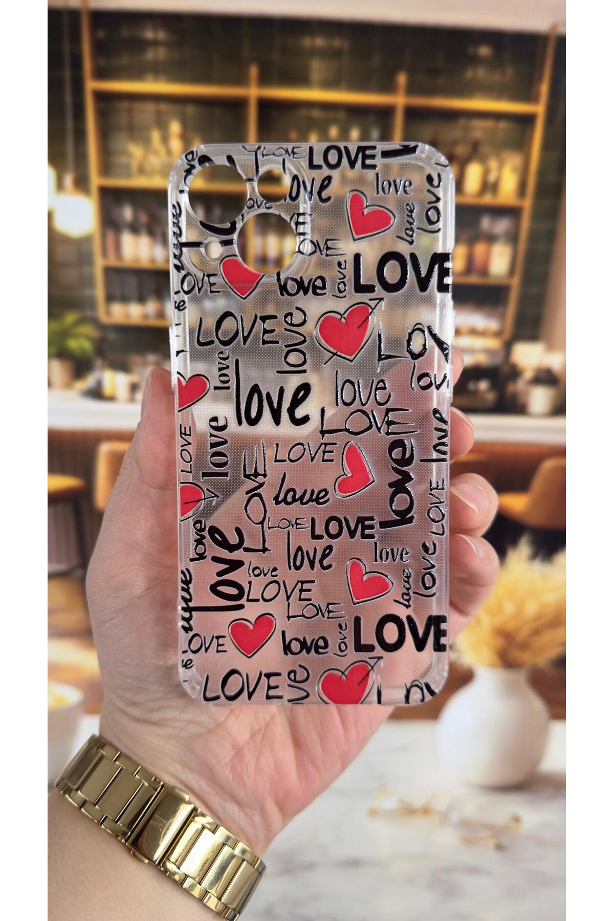 iPhone 13 Uyumlu Love yazı Desenli Şeffaf Darbe Emici Kamera Korumalı Clear Kılıf