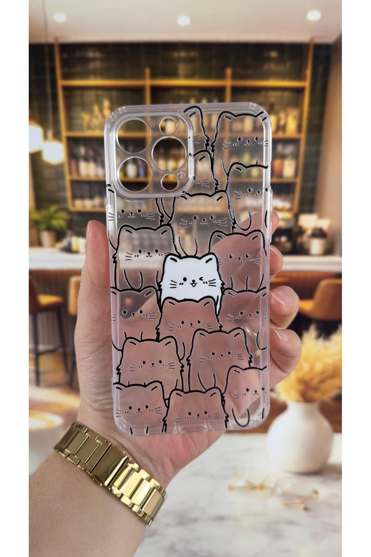 Iphone 13 Pro Max Uyumlu Manycat Desenli Şeffaf Darbe Emici Kamera Korumalı Clear Kılıf
