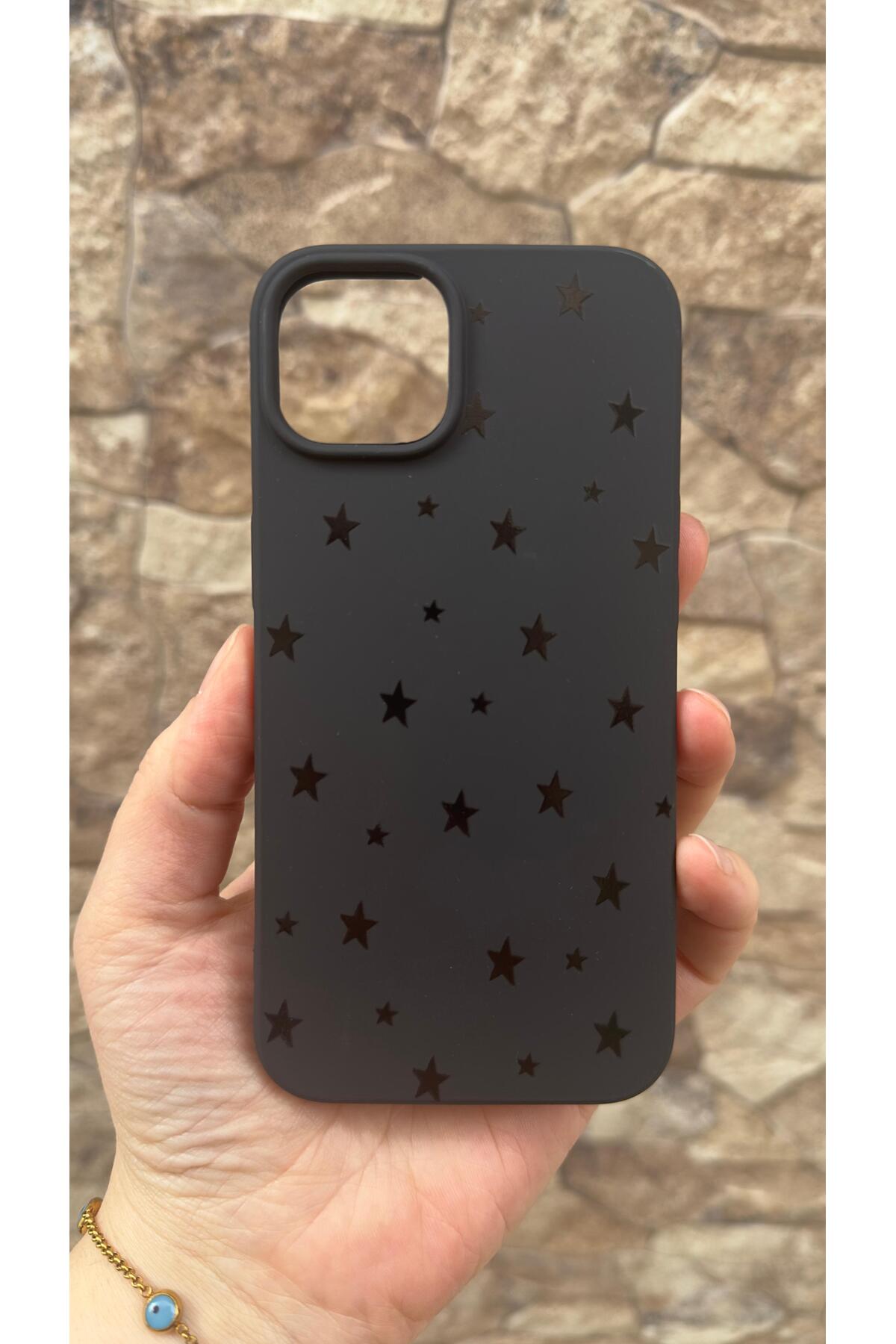 iPhone 15 Uyumlu Mini Siyah Yıldız Desenli Silikon Darbe Emici Korumalı Klasik Rubber Kılıf