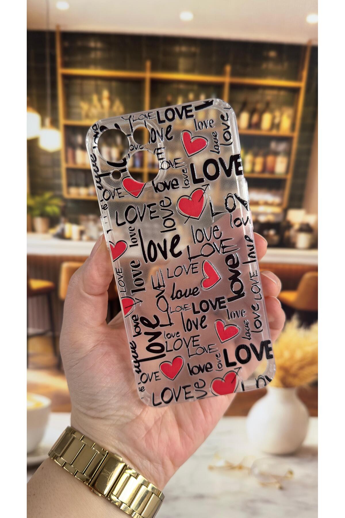 iPhone 13 Uyumlu Love yazı Desenli Şeffaf Darbe Emici Kamera Korumalı Clear Kılıf