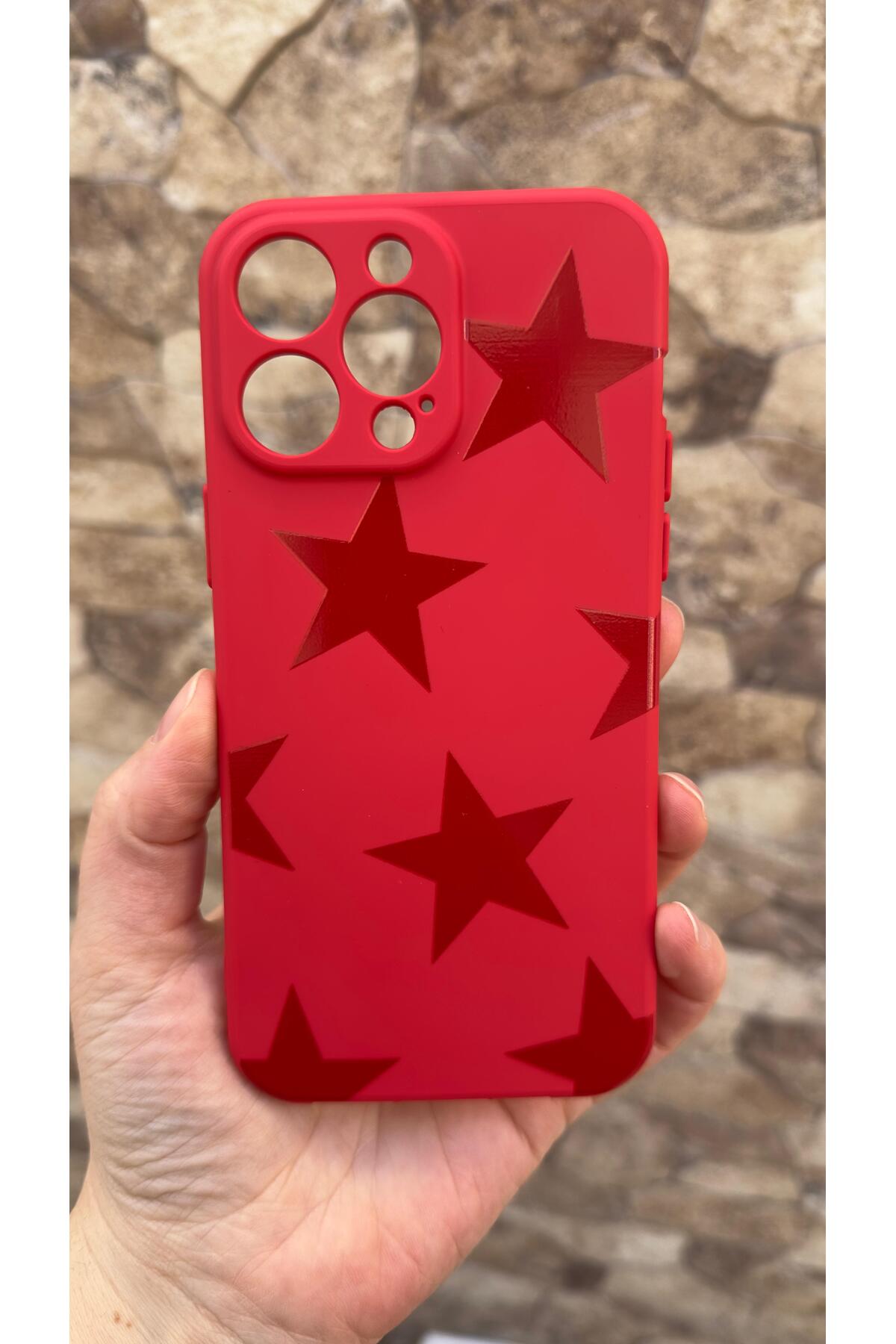 iPhone 13 Pro Max Uyumlu Kırmızı Star Silikon Darbe Emici Klasik Korumalı Rubber Kılıf