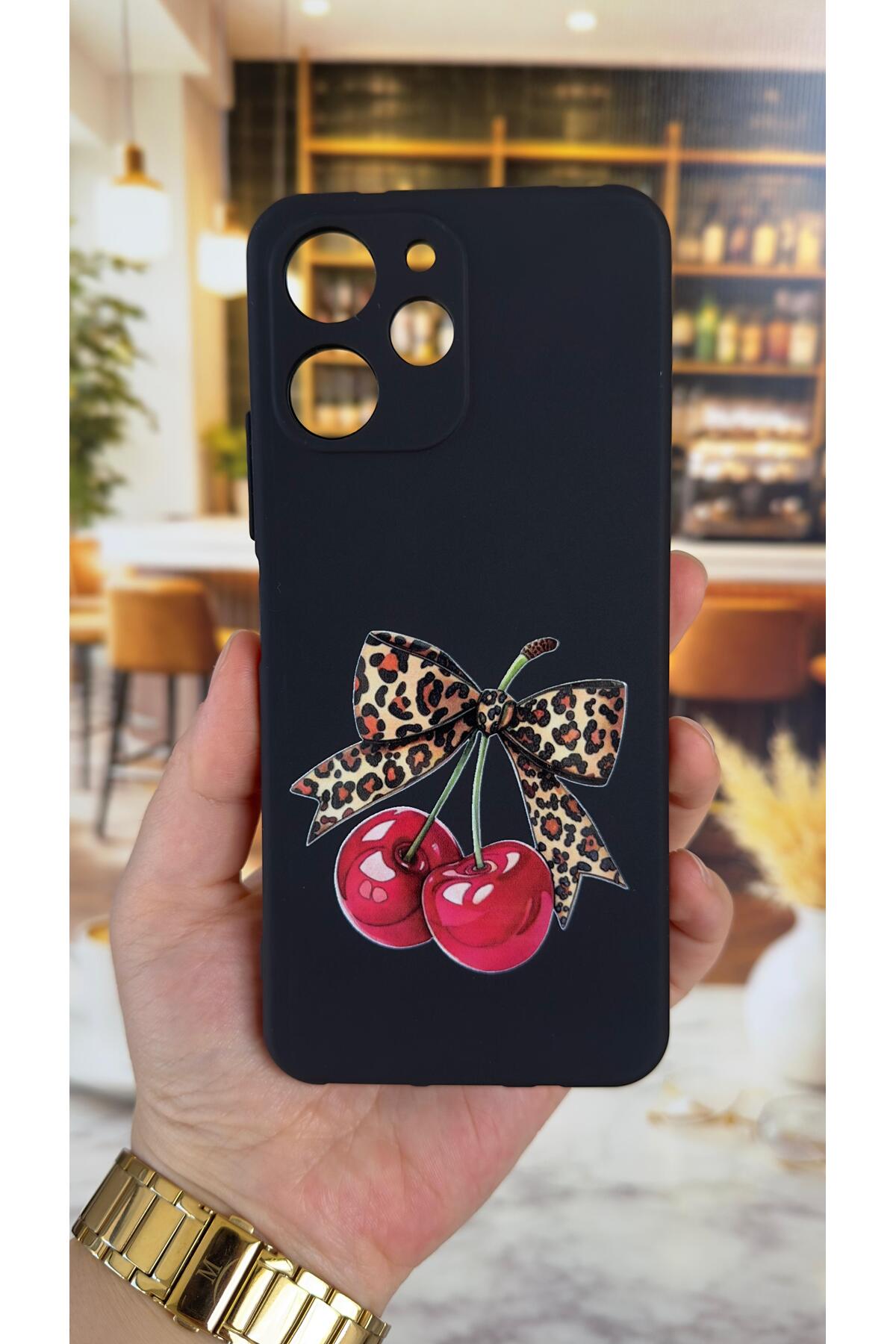 Redmi 12 Uyumlu Kiraz Fiyonk Leopar Desenli Silikon Darbe Emici Klasik Korumalı Rubber Kılıf