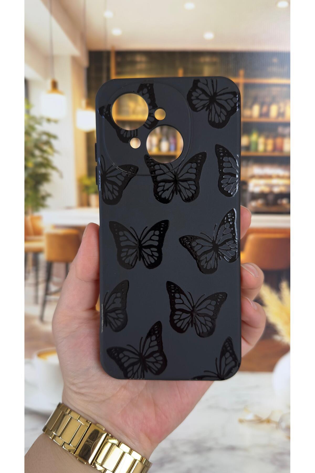 Tecno Spark Go1 Uyumlu Siyah Kelebek Desenli Silikon Darbe Emici Klasik Korumalı Rubber Kılıf