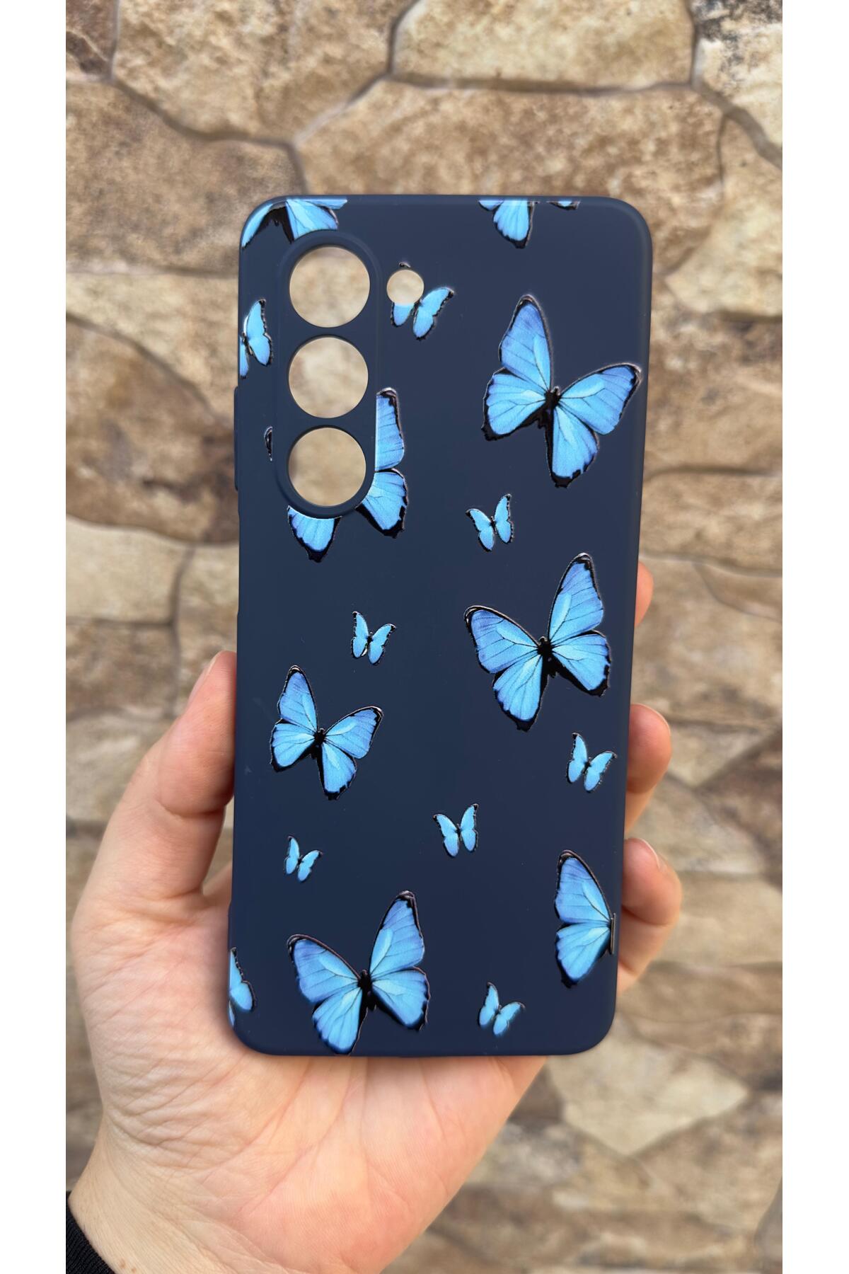 Samsung Galaxy A17 Uyumlu Mavi Kelebek Desenli Silikon Darbe Emici Klasik Korumalı Rubber Kılıf