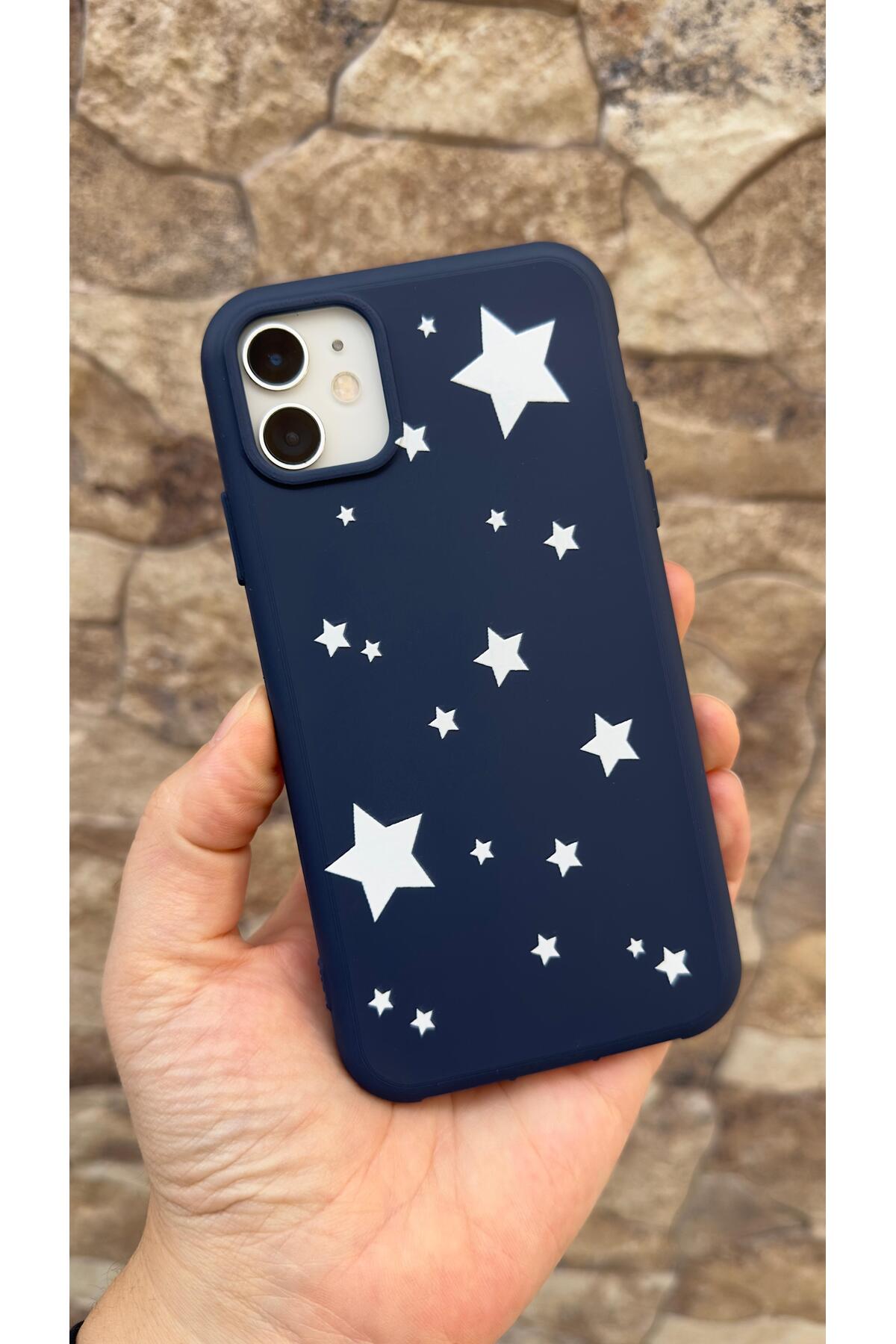 İphone 11 Uyumlu Mini Yıldız Desenli Silikon Darbe Emici Klasik Korumalı Rubber Kılıf