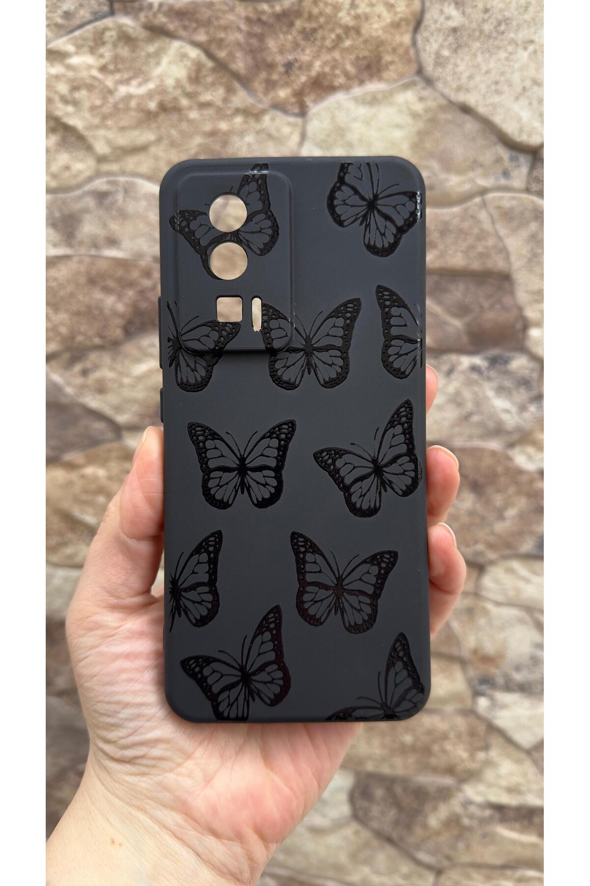 Poco F5 Pro Uyumlu Siyah Kelebek Desenli Silikon Darbe Emici Klasik Korumalı Rubber Kılıf