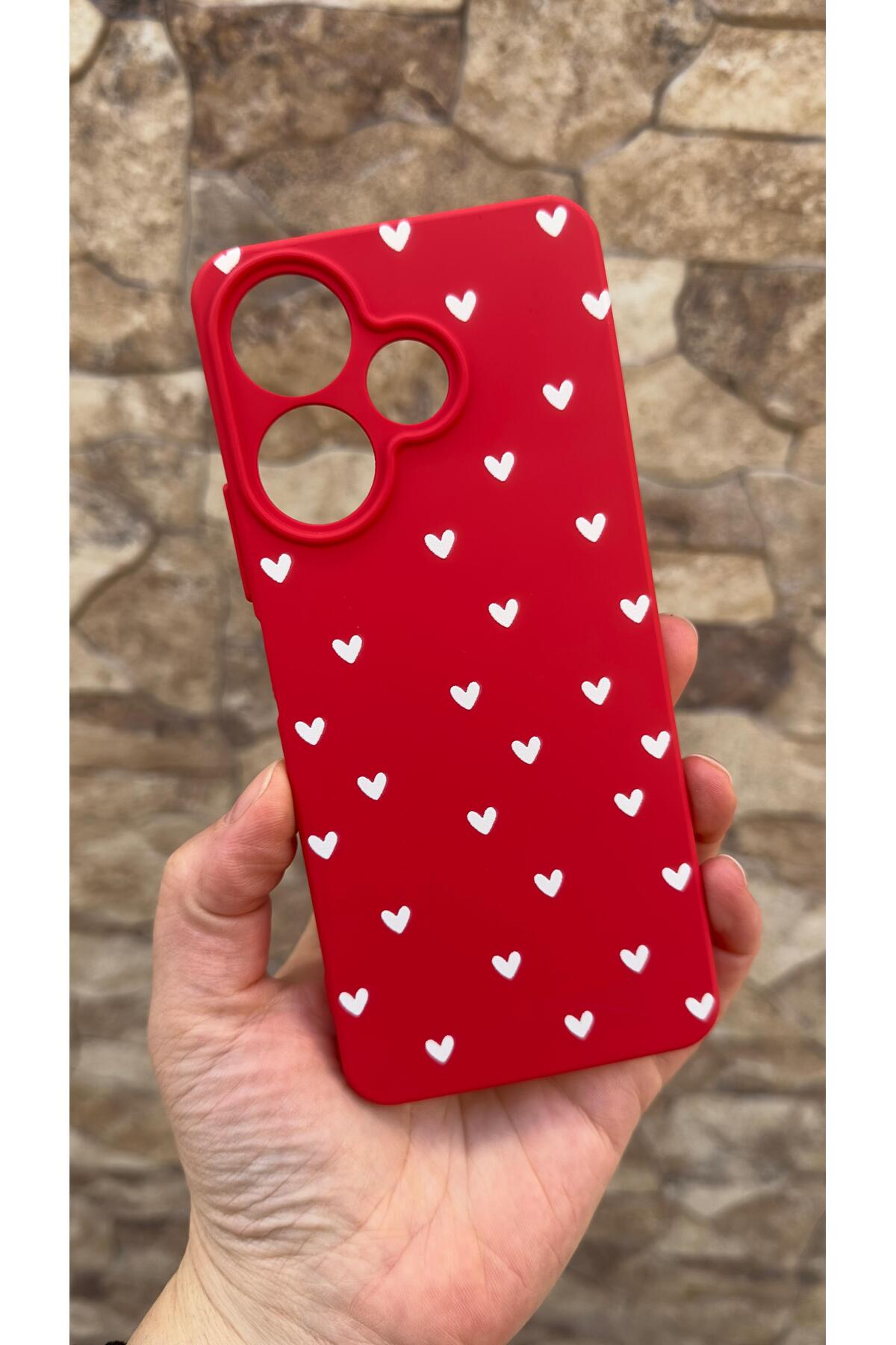 Redmi 13 4G Uyumlu Mini Beyaz Kalp Desenli Silikon Darbe Emici Klasik Korumalı Rubber Kılıf