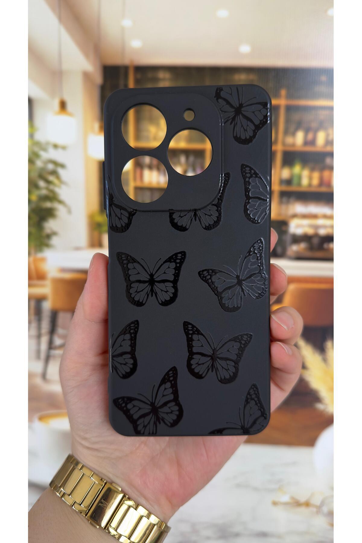 Tecno Spark 20/20C Uyumlu Siyah Kelebek Desenli Silikon Darbe Emici Klasik Korumalı Rubber Kılıf