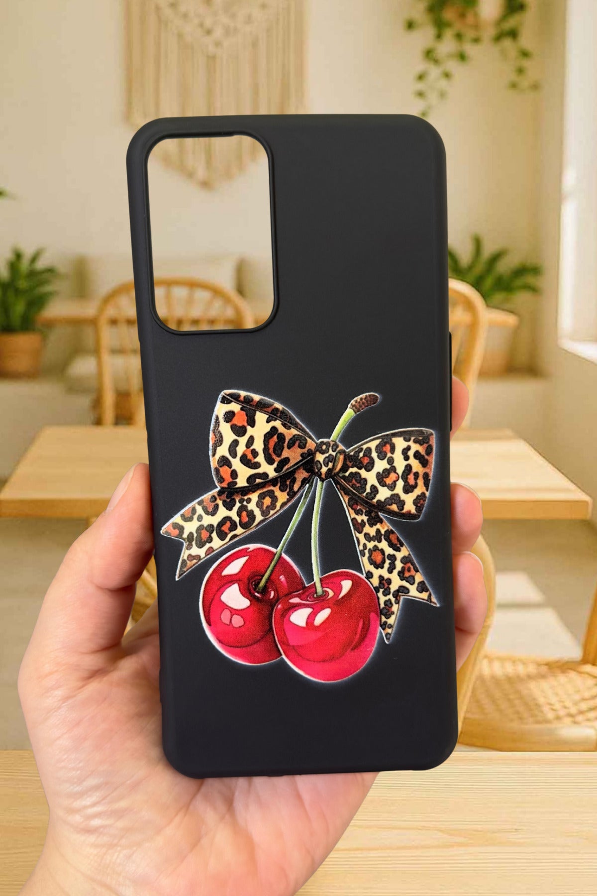 Samsung Galaxy A71 Uyumlu Kiraz Leopar Fiyonk Desenli Silikon Darbe Emici Rubber Kılıf