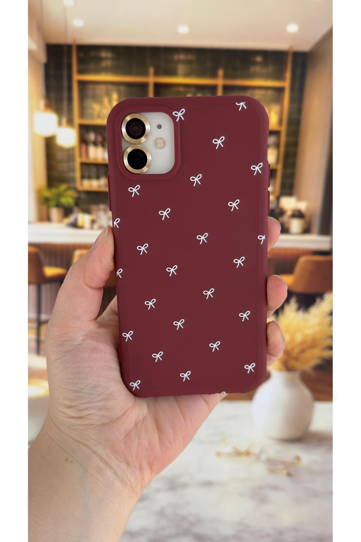İphone 11 Uyumlu Beyaz Fiyonk Desenli Silikon Darbe Emici Klasik Korumalı Rubber Kılıf