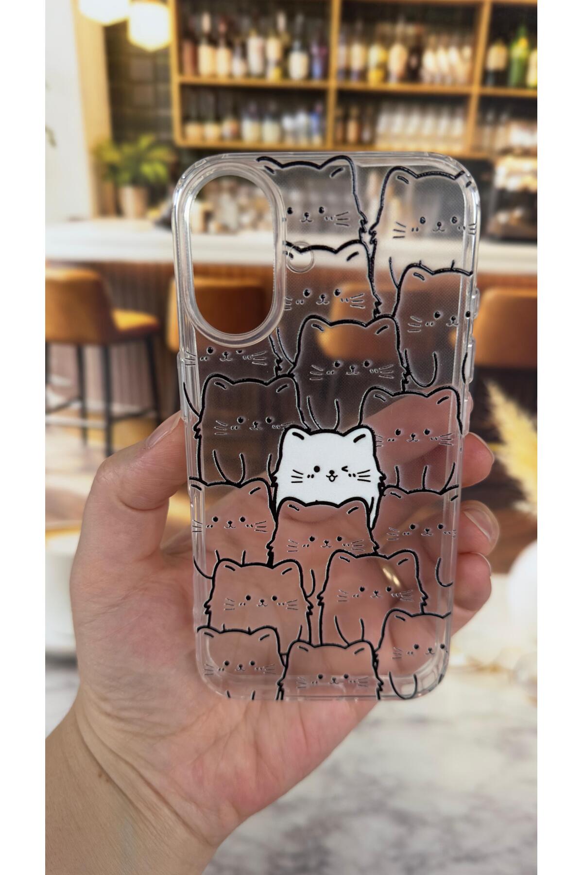 Iphone 16 Uyumlu Manycat Desenli Şeffaf Darbe Emici Kamera Korumalı Clear Kılıf