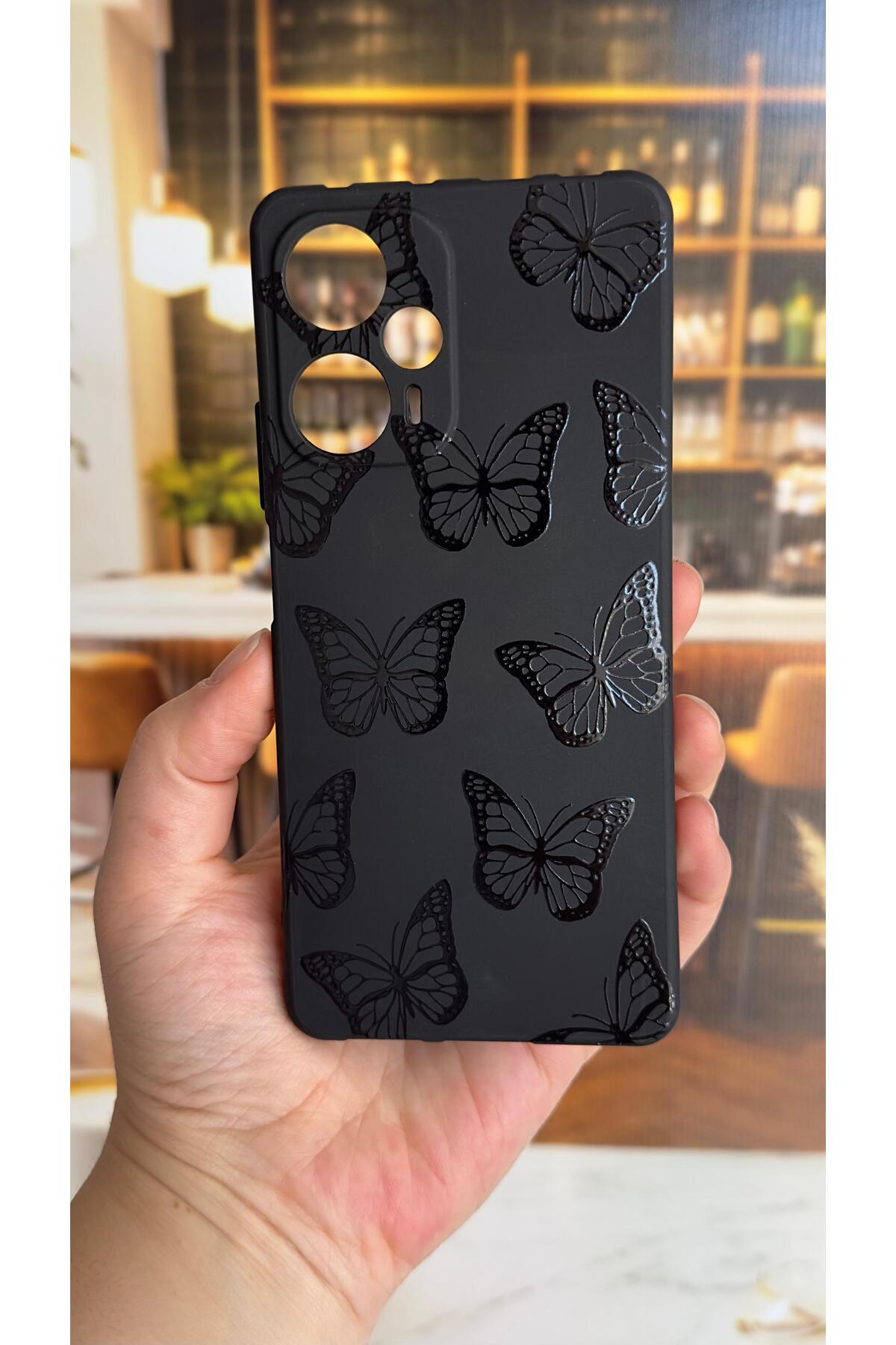 Poco F5 Uyumlu Siyah Kelebek Desenli Silikon Darbe Emici Klasik Korumalı Rubber Kılıf