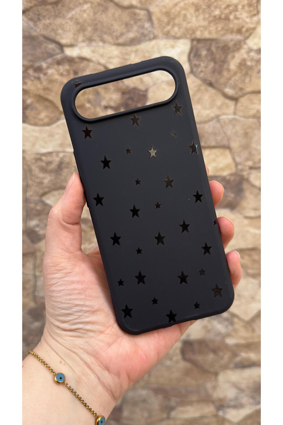 Tecno Spark Slim Uyumlu Mini Siyah Yıldız Desenli Silikon Darbe Emici Klasik Korumalı Rubber Kılıf