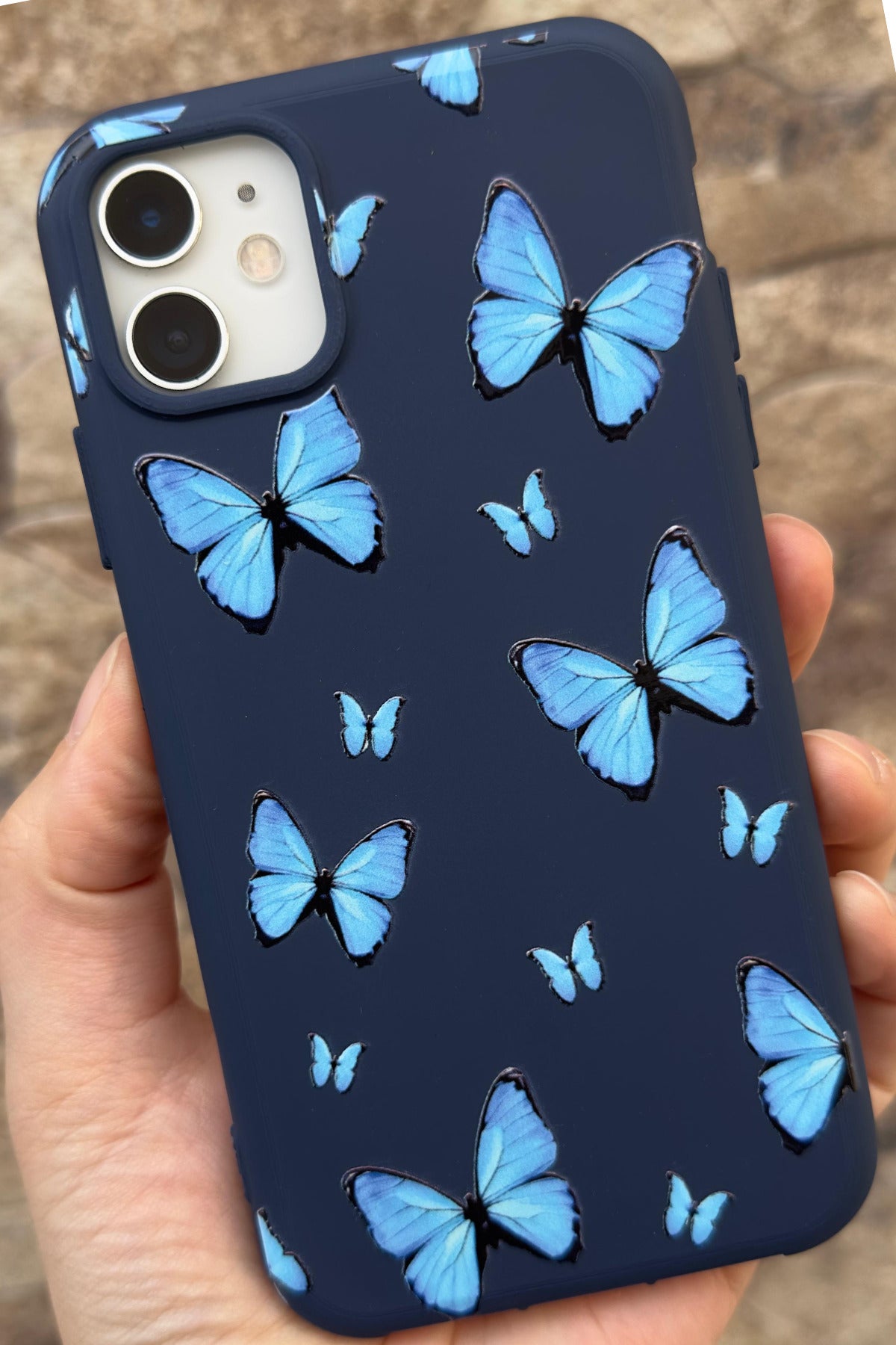 İphone 11 Uyumlu Mavi Kelebek Desenli Silikon Darbe Emici Klasik Korumalı Rubber Kılıf