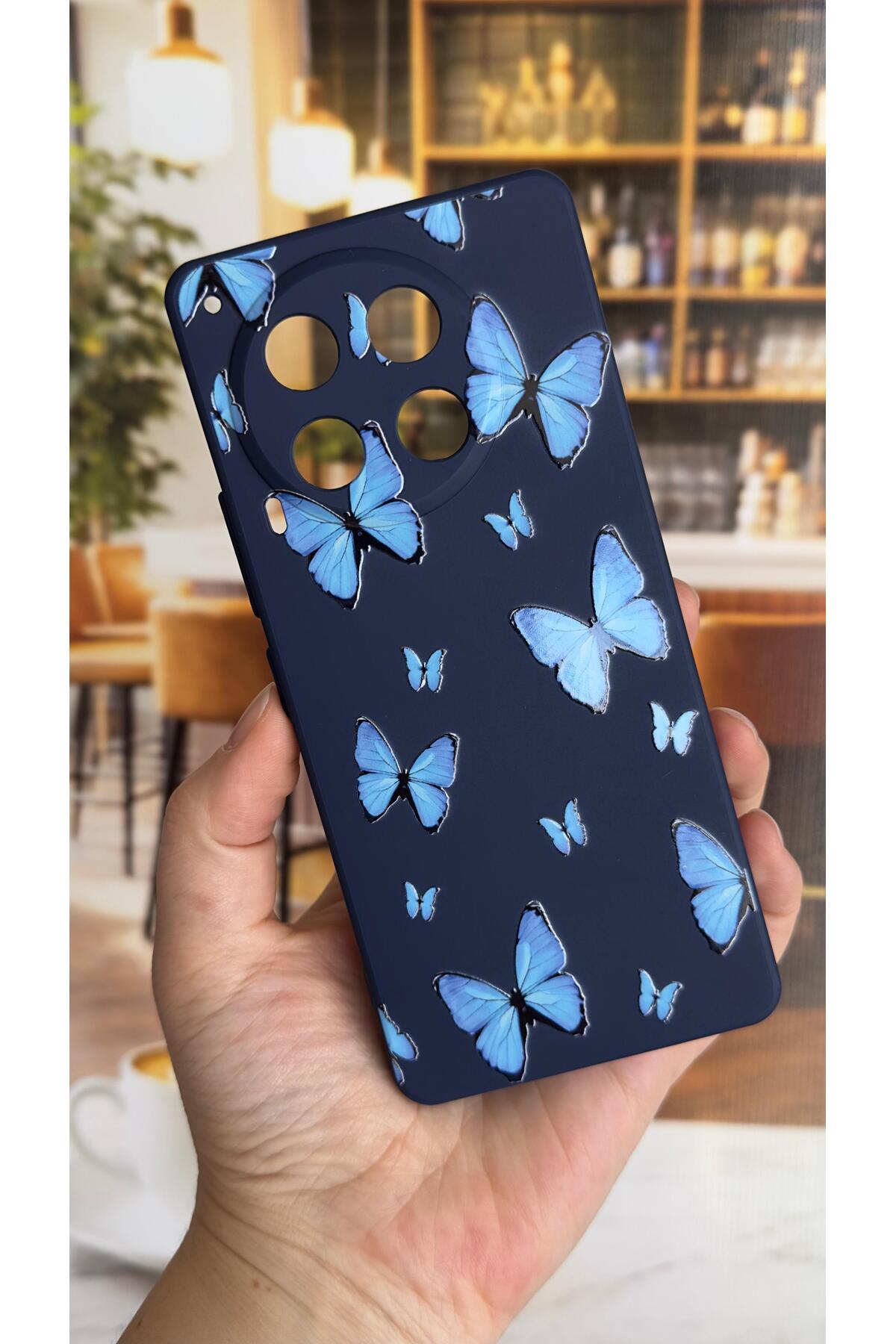 Tecno Camon 30 Uyumlu Mavi Kelebek Desenli Silikon Darbe Emici Klasik Korumalı Rubber Kılıf
