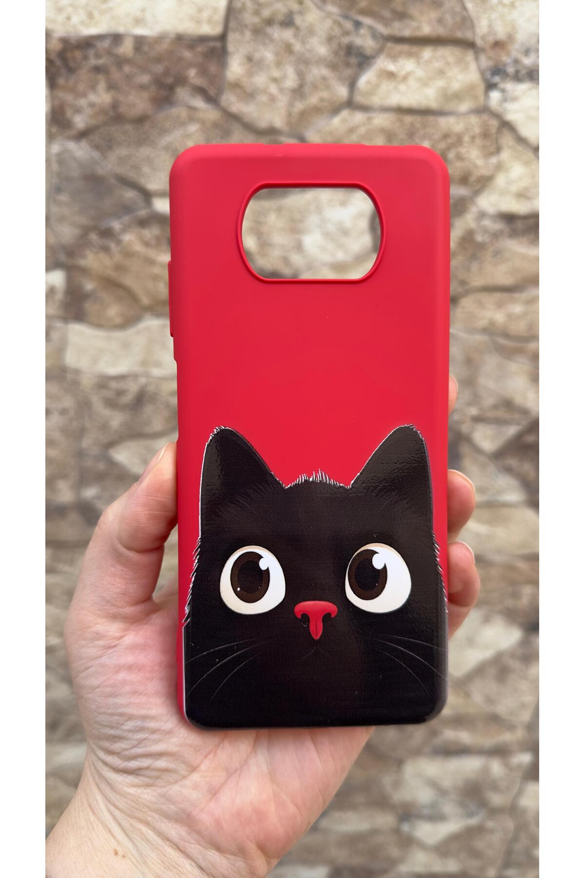 Poco X3 ve X3 Pro Uyumlu Sevimli Siyah Kedi Desenli Silikon Darbe Emici Klasik Korumalı Rubber Kılıf