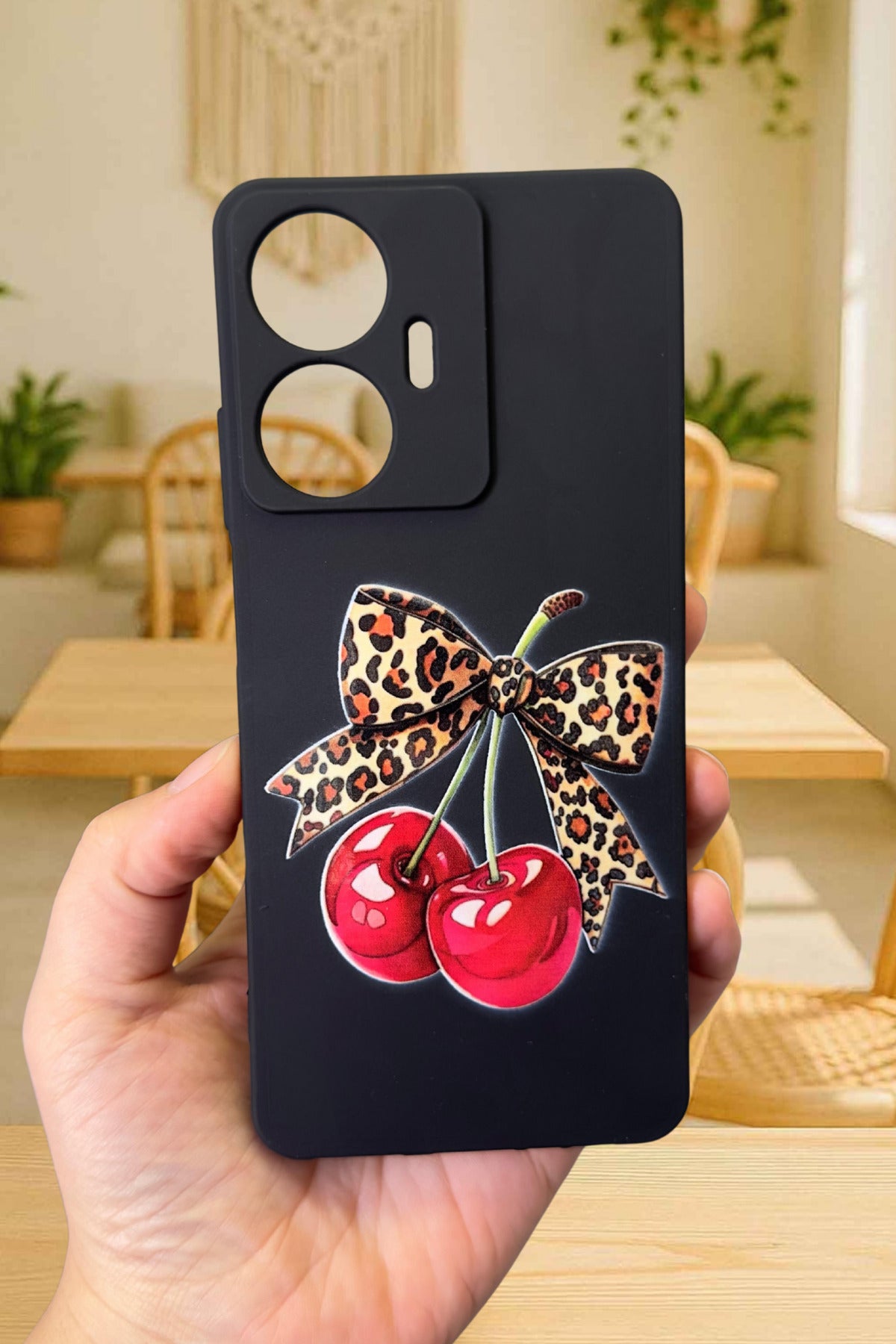 Realme C55 Uyumlu Kiraz Leopar Fiyonk Desenli Silikon Darbe Emici Klasik Korumalı Rubber Kılıf