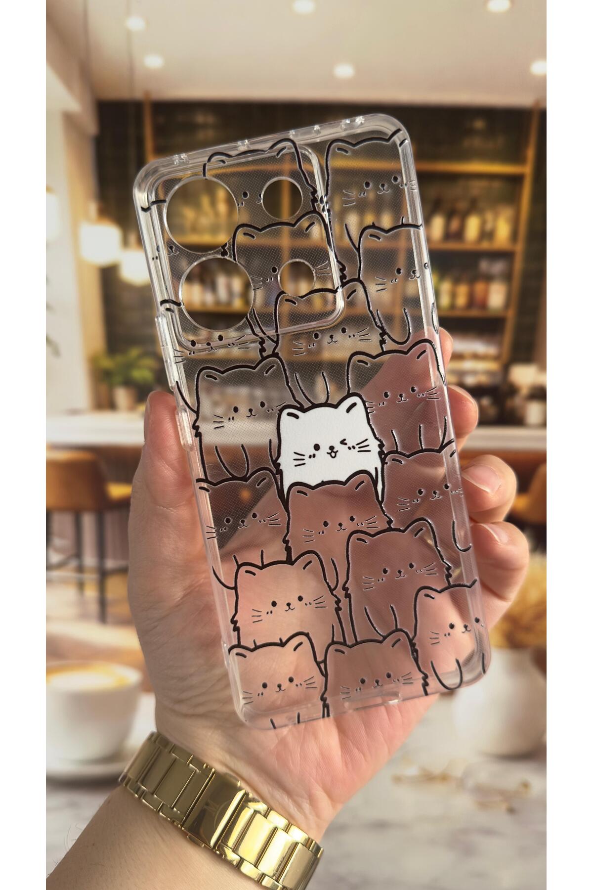 Xiaomi Redmi Note 13 Pro 5G Uyumlu Manycat Desenli Şeffaf Darbe Emici Kamera Korumalı Clear Kılıf