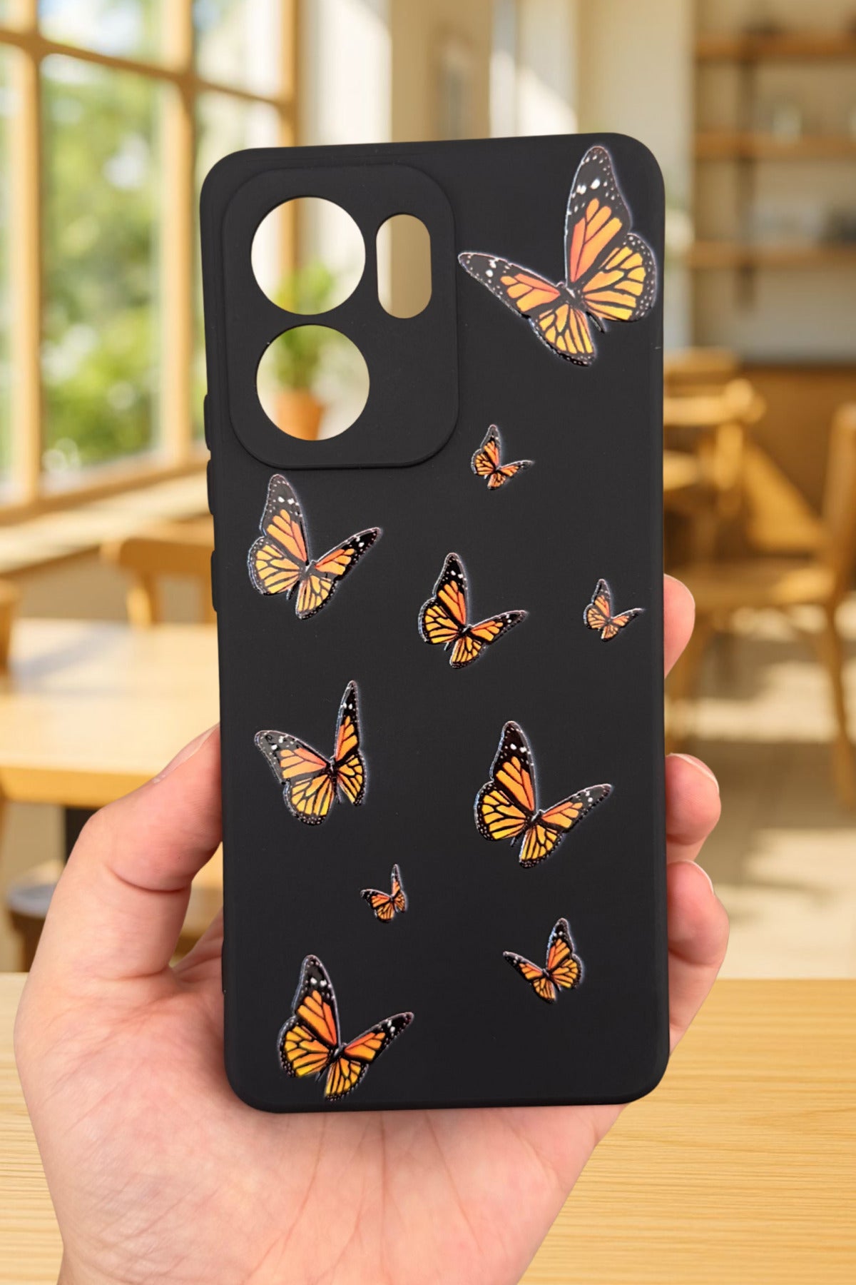 OPPO RENO 13 F Uyumlu Turuncu Kelebek Desenli Silikon Darbe Emici Klasik Korumalı Rubber Kılıf