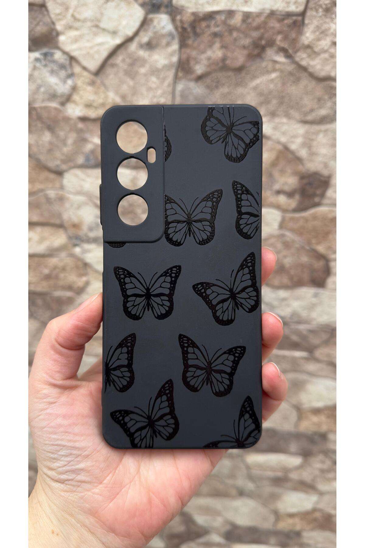 Realme C65 Uyumlu Siyah Kelebek Desenli Silikon Darbe Emici Klasik Korumalı Rubber Kılıf