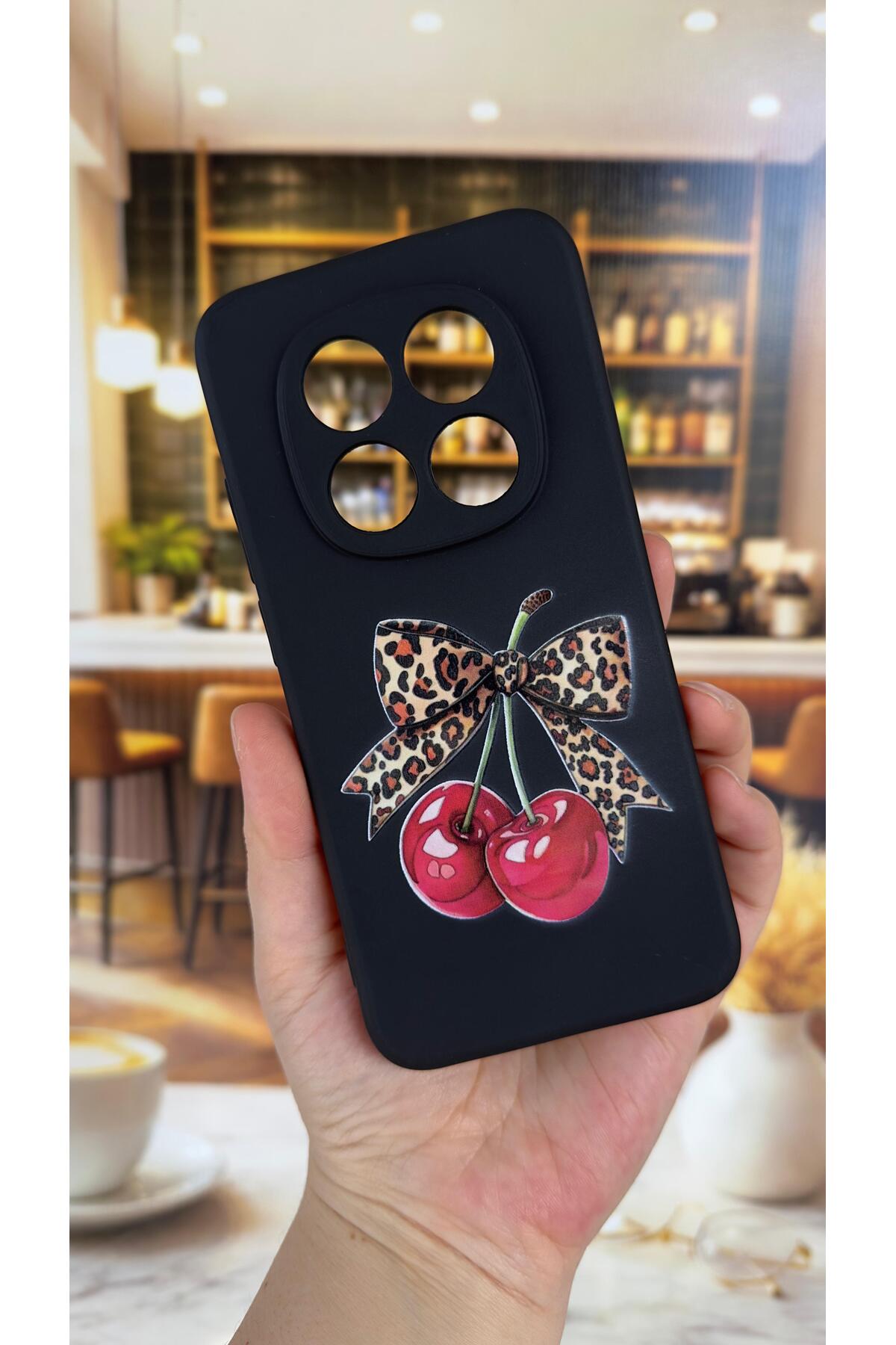 Redmi Note 15 Pro 5G Uyumlu Kiraz Fiyonk Leopar Desenli Silikon Darbe Emici Klasik Rubber Kılıf