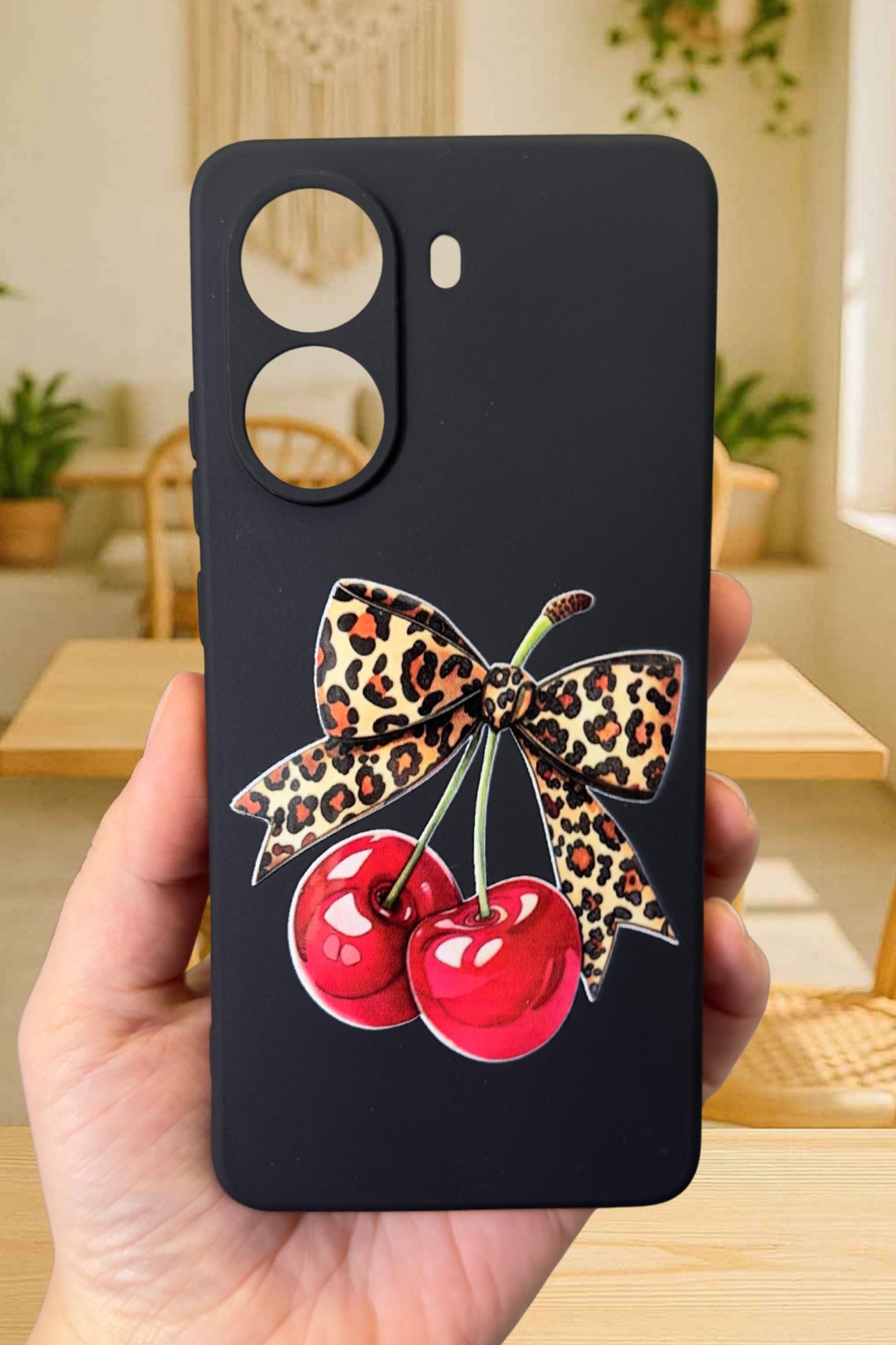 Xiaomi POCO X7 PRO Uyumlu Kiraz Leopar Fiyonk Desenli Silikon Darbe Emici Rubber Kılıf