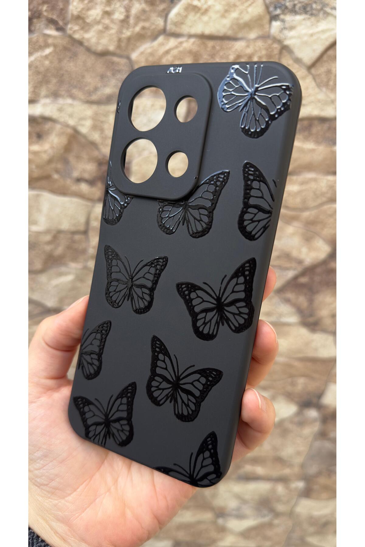 Redmi 15C Uyumlu Siyah Kelebek Desenli Silikon Darbe Emici Klasik Korumalı Rubber Kılıf