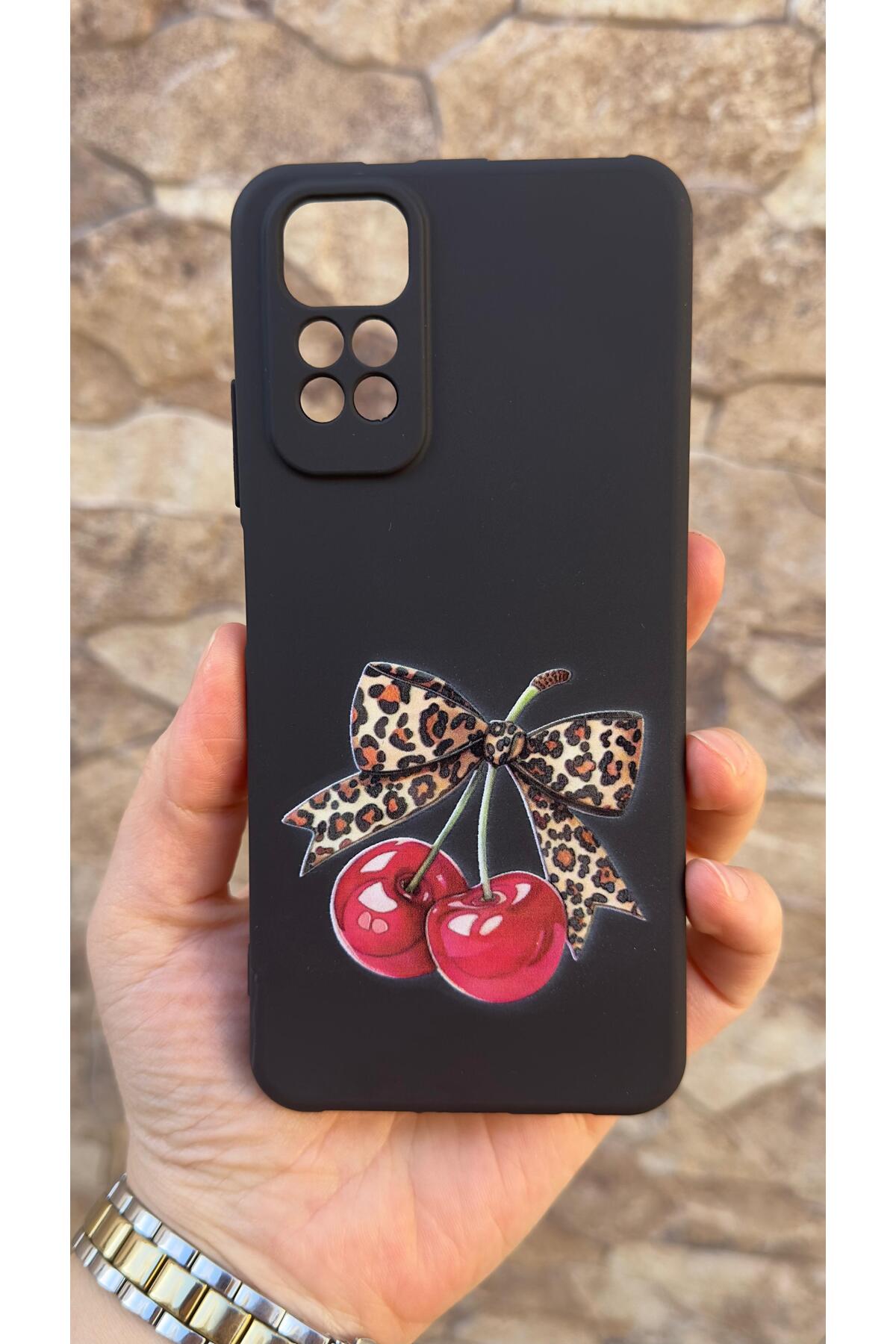REDMİ NOTE 11/11S Uyumlu Kiraz Fiyonk Leopar Desenli Silikon Darbe Emici Klasik Rubber Kılıf